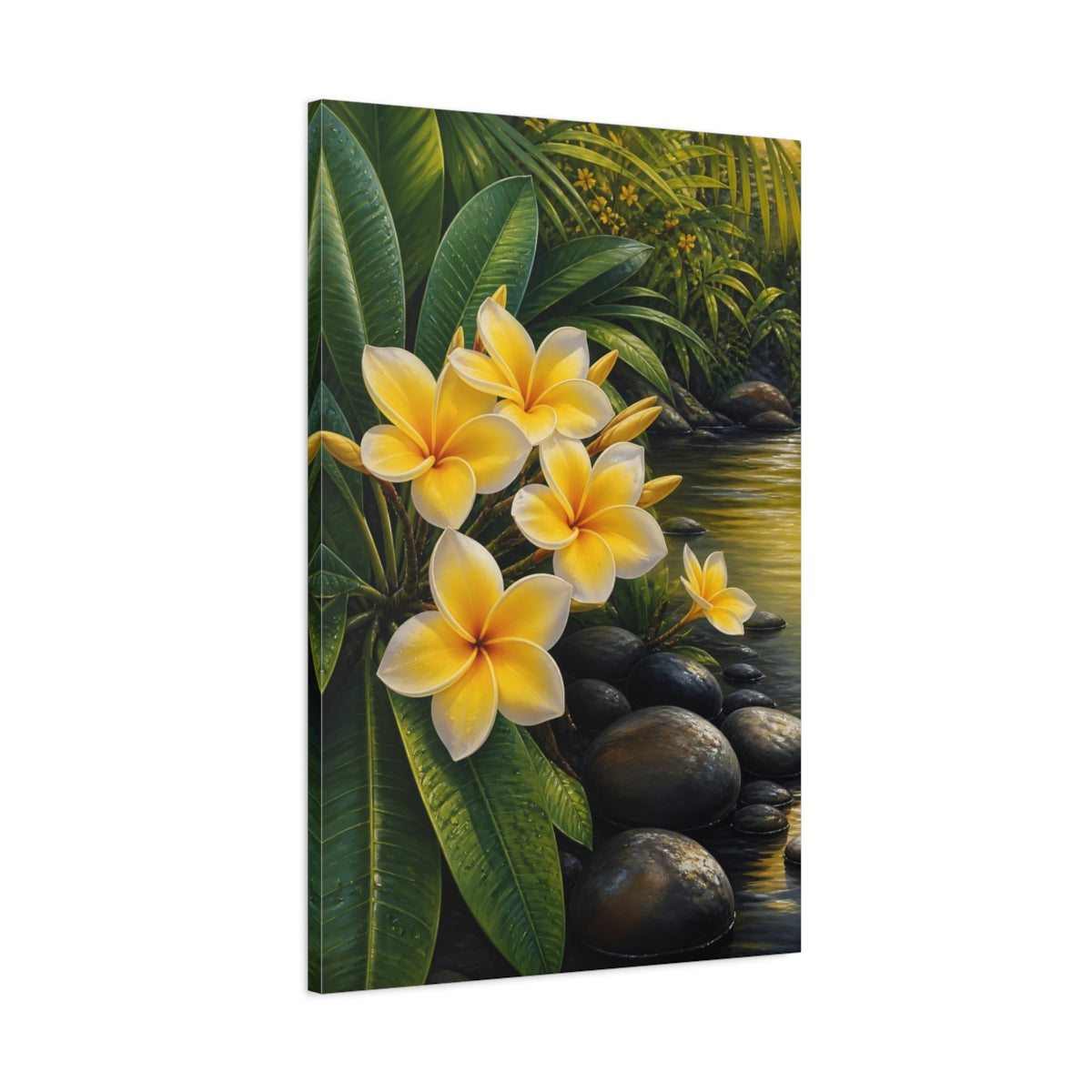 Main Mockup. Floral Plumeria Flowers Yellow Plumeria shown as stretched canvas wall art
