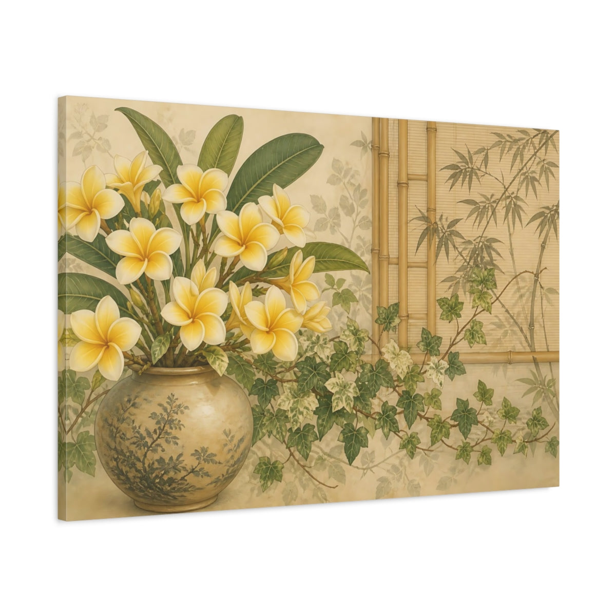Main Mockup. Floral Plumeria Flowers Yellow Plumeria Green shown as stretched canvas wall art