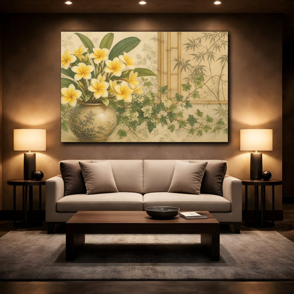 Mockup 2. Floral Plumeria Flowers Yellow Plumeria Green shown as stretched canvas wall art