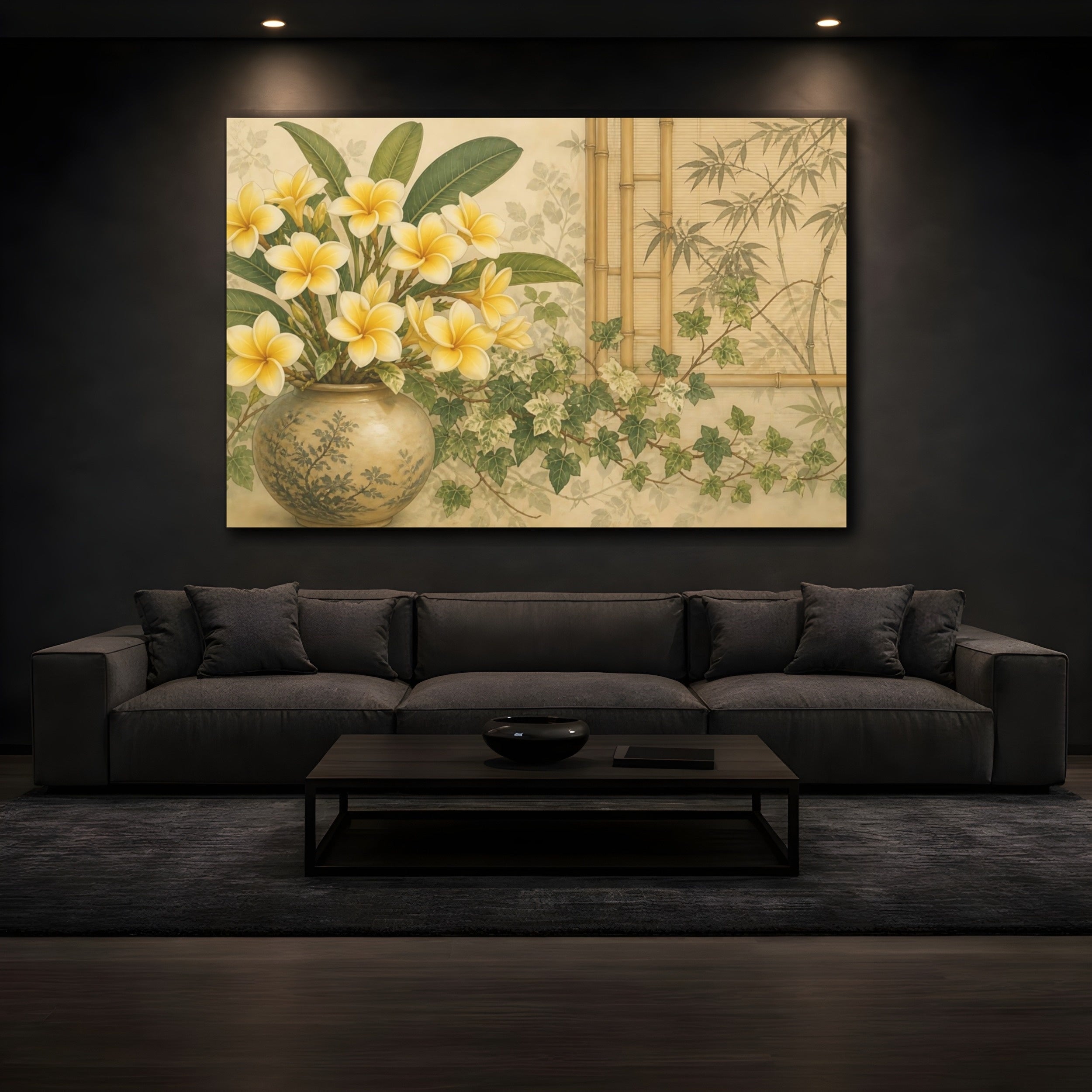 Mockup 3. Floral Plumeria Flowers Yellow Plumeria Green shown as stretched canvas wall art