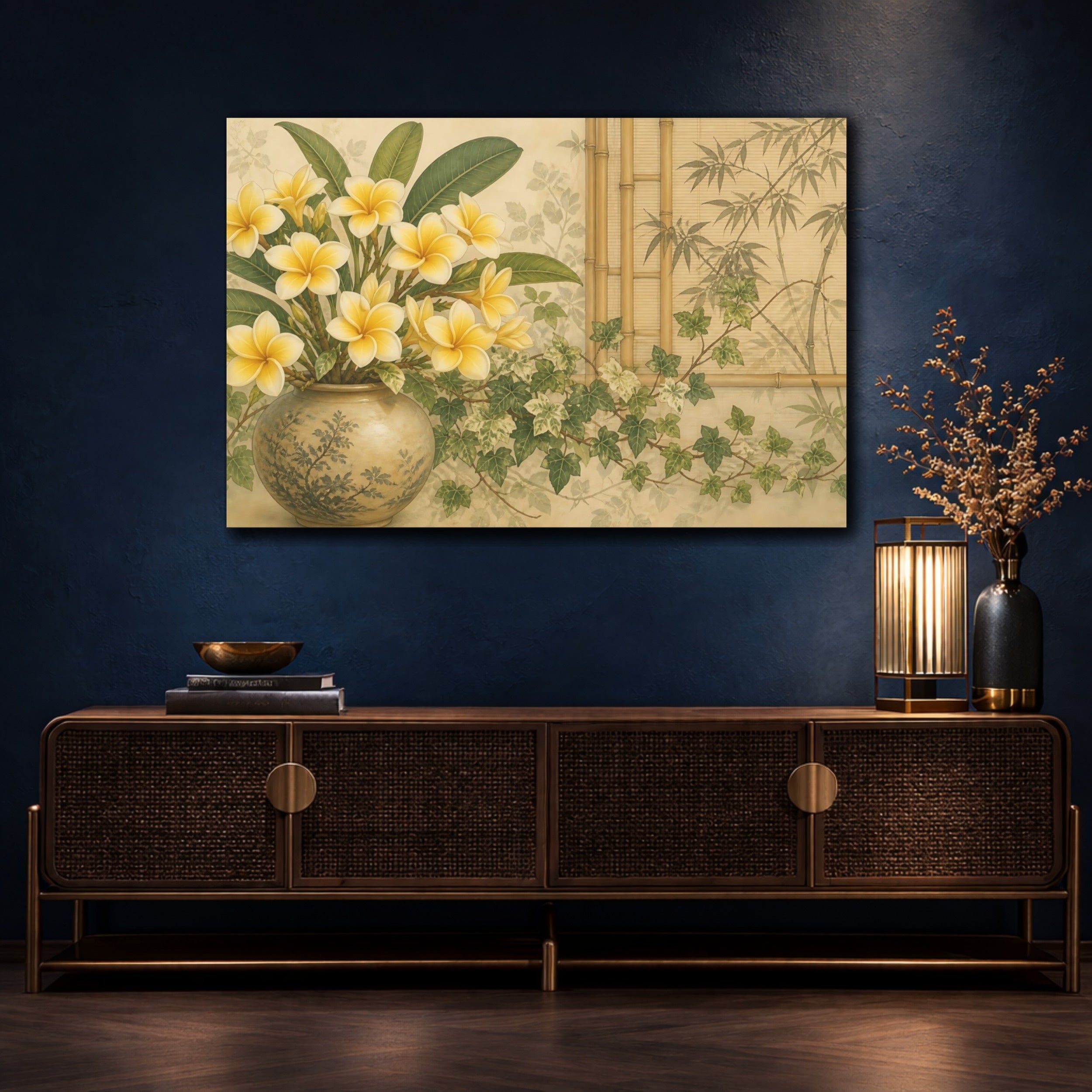 Mockup 4. Floral Plumeria Flowers Yellow Plumeria Green shown as stretched canvas wall art