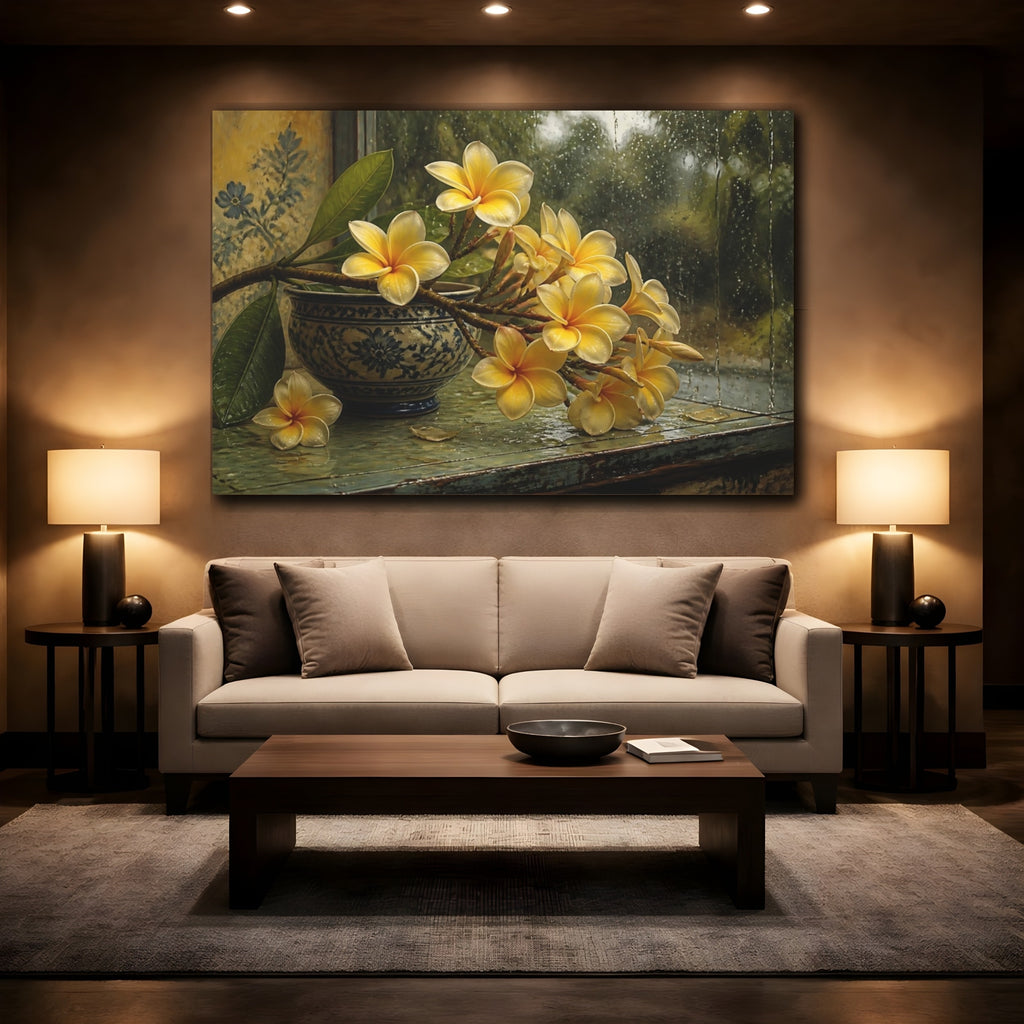 Mockup 2. Floral Plumeria Flowers Yellow Plumeria shown as stretched canvas wall art