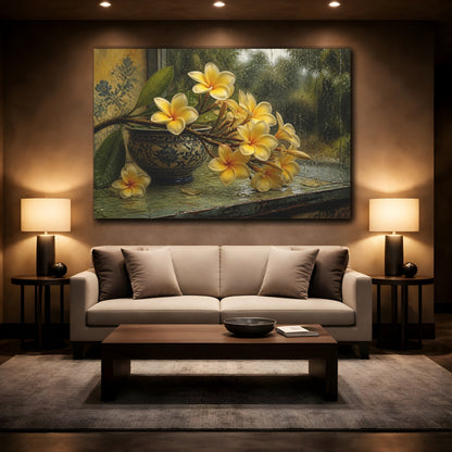 Mockup 2. Floral Plumeria Flowers Yellow Plumeria shown as stretched canvas wall art