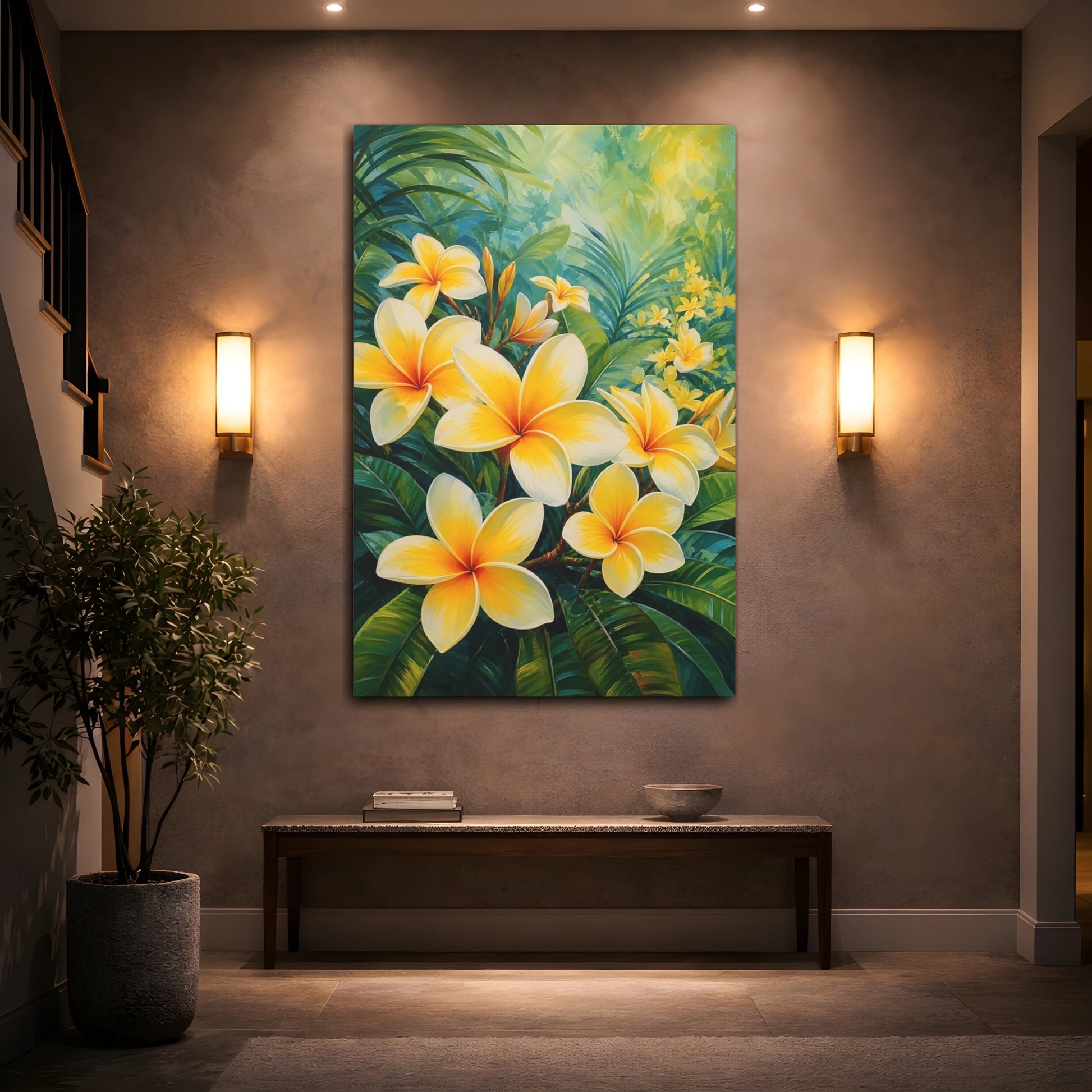 Mockup 2. Floral Plumeria Flowers Yellow Plumeria shown as stretched canvas wall art
