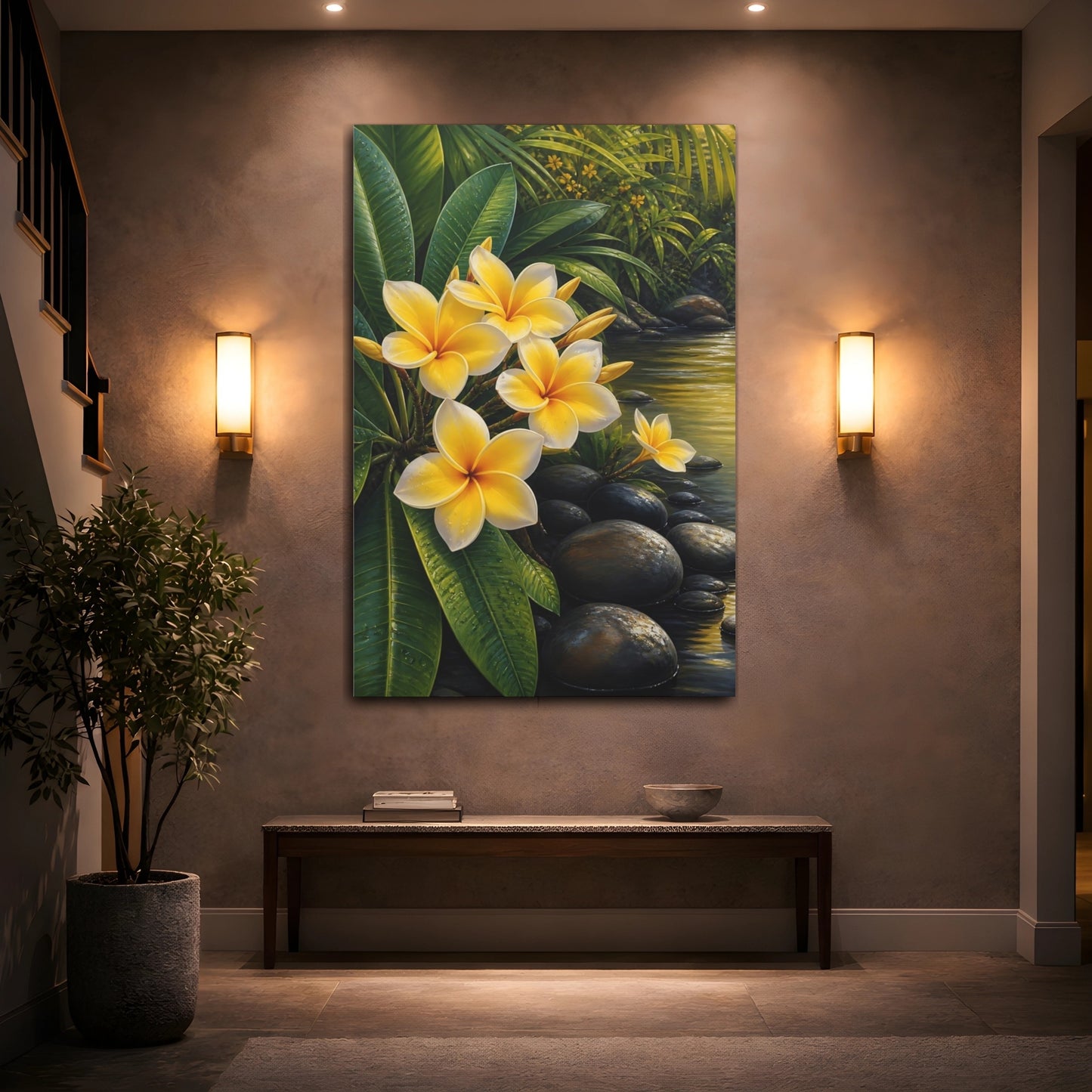 Mockup 2. Floral Plumeria Flowers Yellow Plumeria shown as stretched canvas wall art