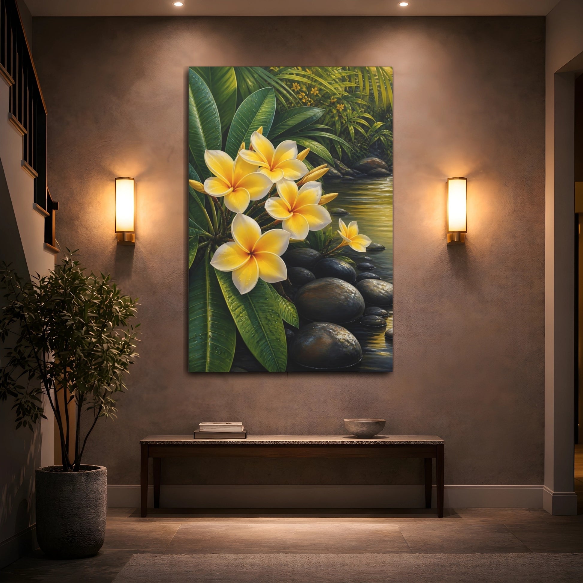 Mockup 2. Floral Plumeria Flowers Yellow Plumeria shown as stretched canvas wall art