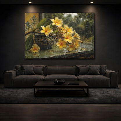 Mockup 3. Floral Plumeria Flowers Yellow Plumeria shown as stretched canvas wall art