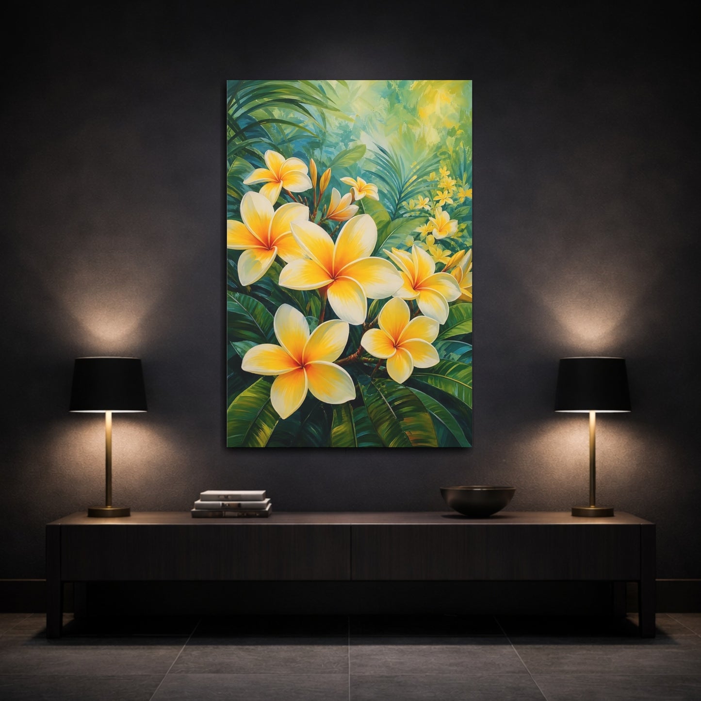 Mockup 3. Floral Plumeria Flowers Yellow Plumeria shown as stretched canvas wall art