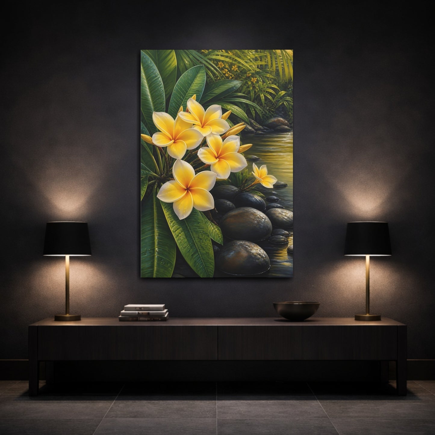 Mockup 3. Floral Plumeria Flowers Yellow Plumeria shown as stretched canvas wall art