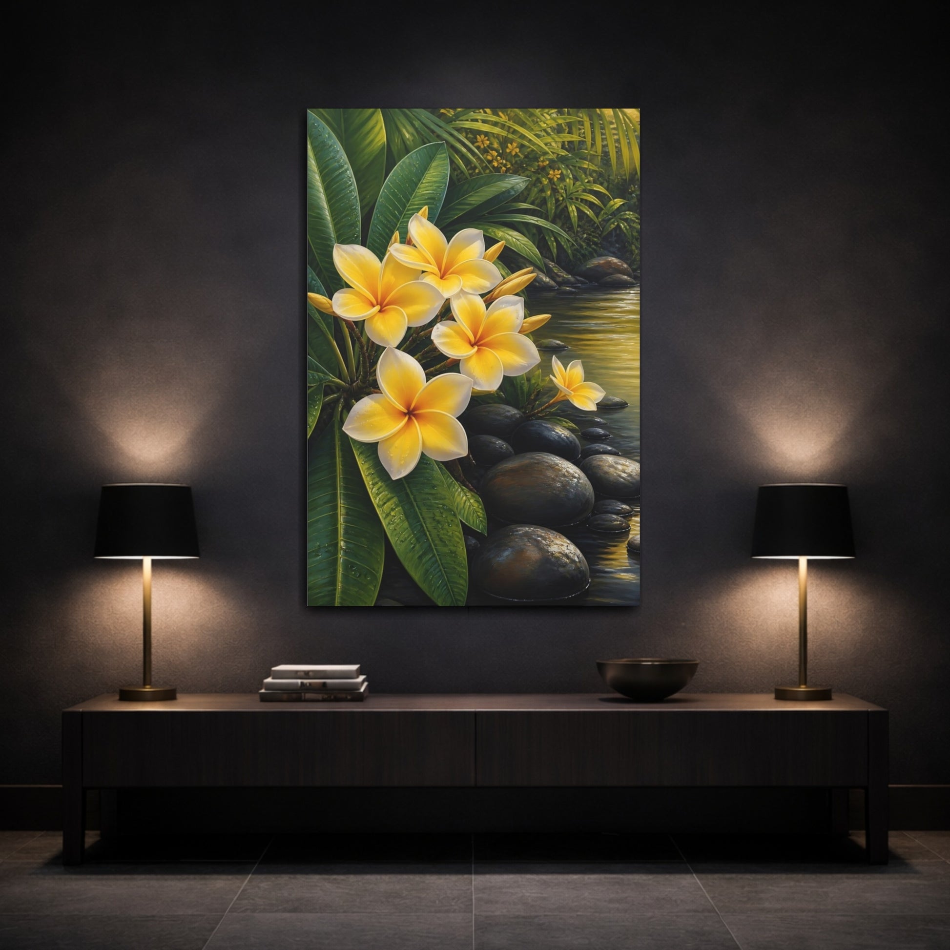 Mockup 3. Floral Plumeria Flowers Yellow Plumeria shown as stretched canvas wall art