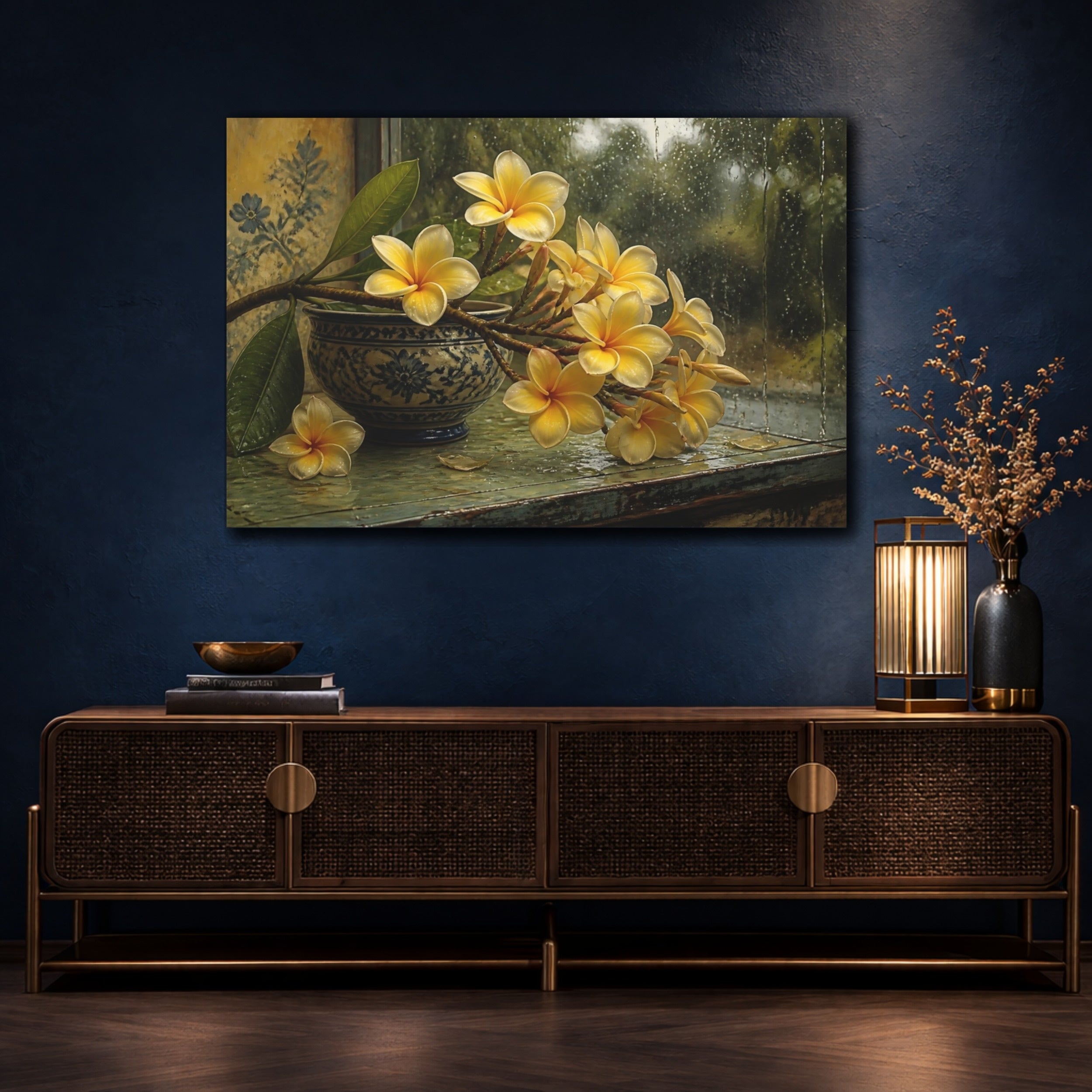 Mockup 4. Floral Plumeria Flowers Yellow Plumeria shown as stretched canvas wall art