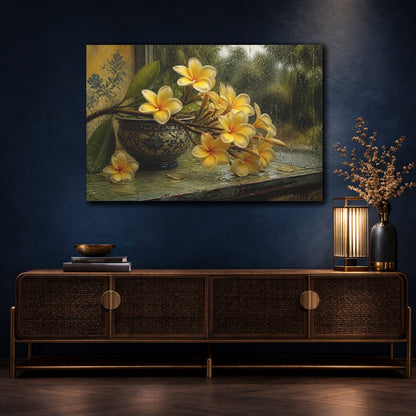 Mockup 4. Floral Plumeria Flowers Yellow Plumeria shown as stretched canvas wall art