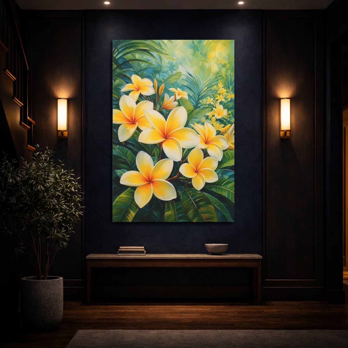 Mockup 4. Floral Plumeria Flowers Yellow Plumeria shown as stretched canvas wall art