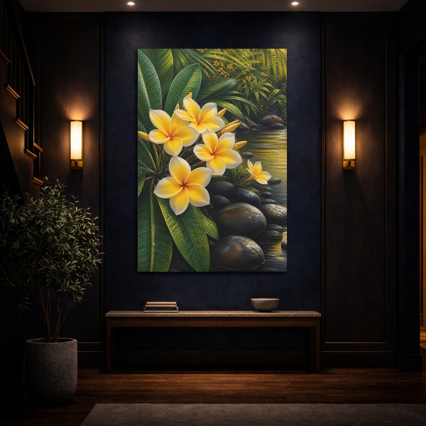 Mockup 4. Floral Plumeria Flowers Yellow Plumeria shown as stretched canvas wall art
