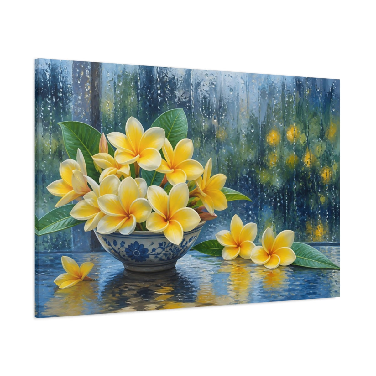 Side Mockup 1. Floral Plumeria Flowers Yellow Floral Rain shown as stretched canvas wall art