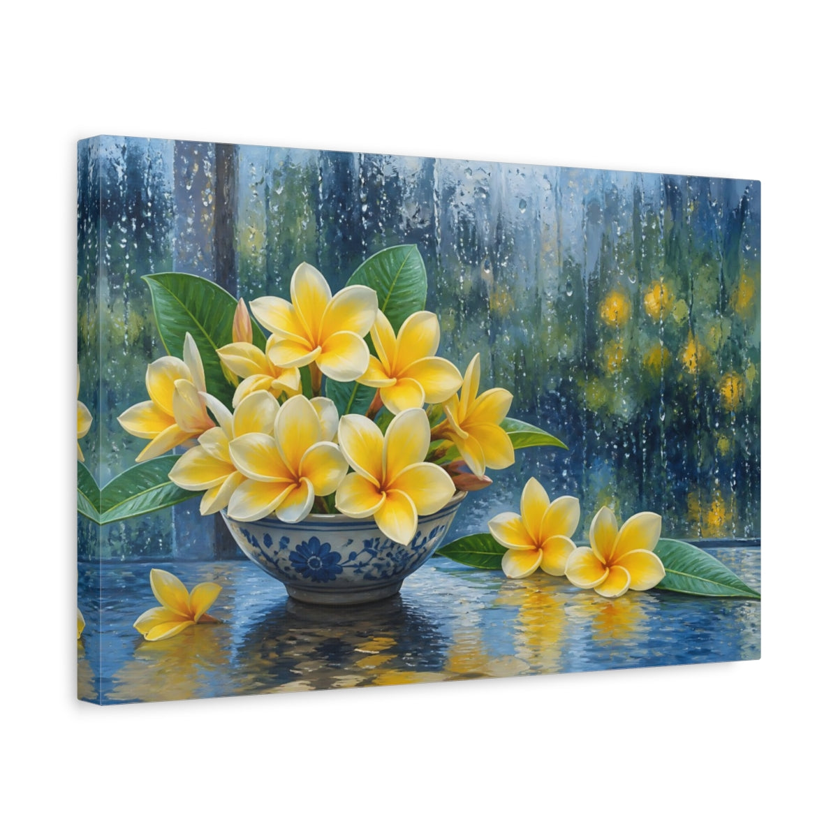 Side Mockup 4. Floral Plumeria Flowers Yellow Floral Rain shown as stretched canvas wall art