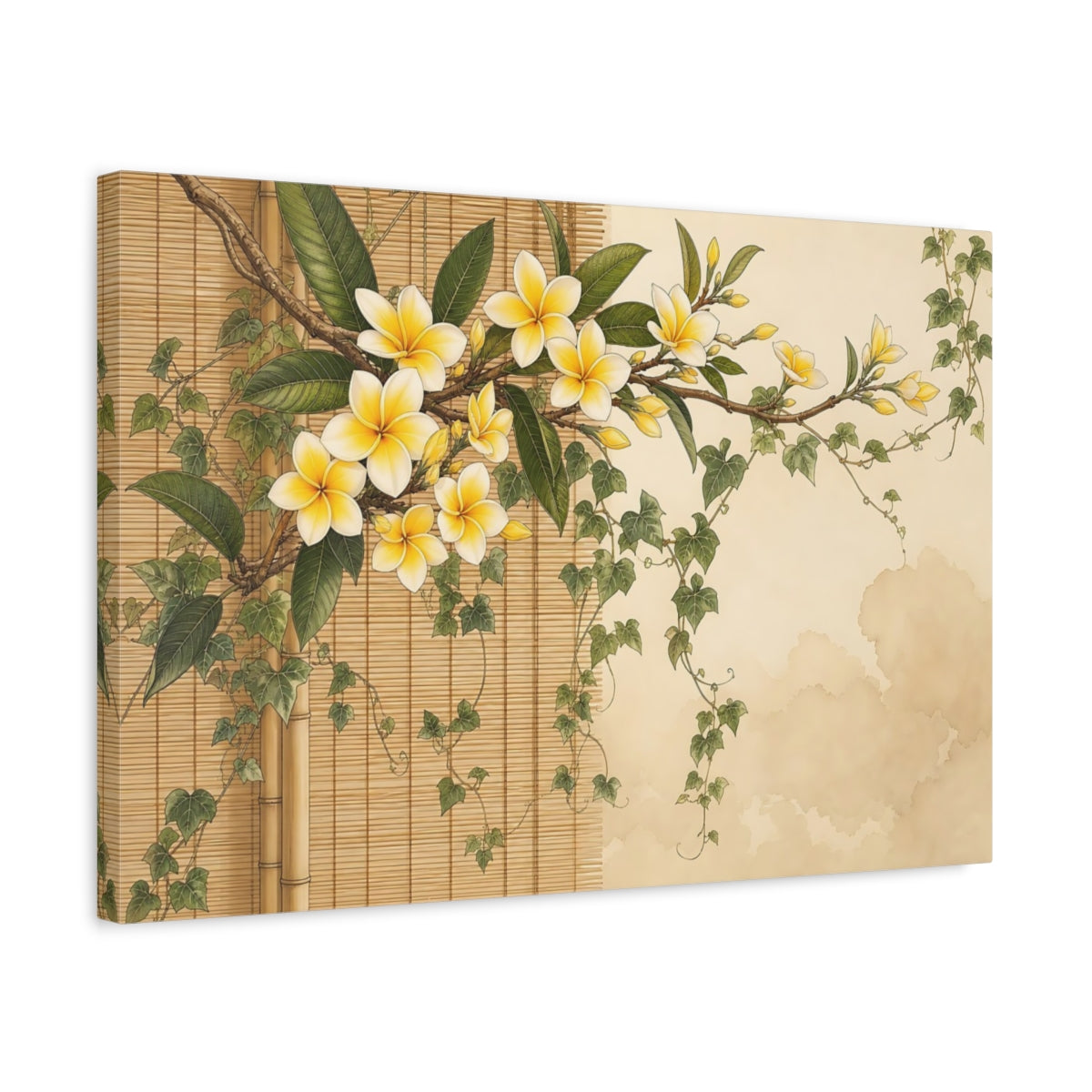 Side Mockup 3. Floral Plumeria Yellow Plumeria shown as stretched canvas wall art