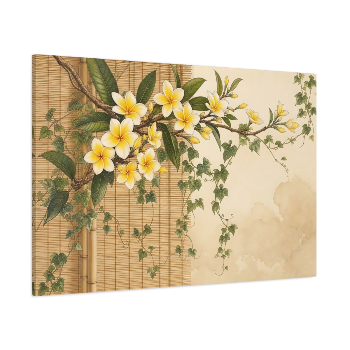 Side Mockup 1. Floral Plumeria Yellow Plumeria shown as stretched canvas wall art