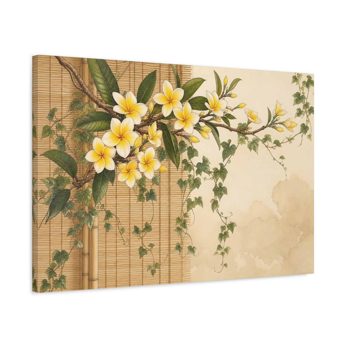 Side Mockup 2. Floral Plumeria Yellow Plumeria shown as stretched canvas wall art