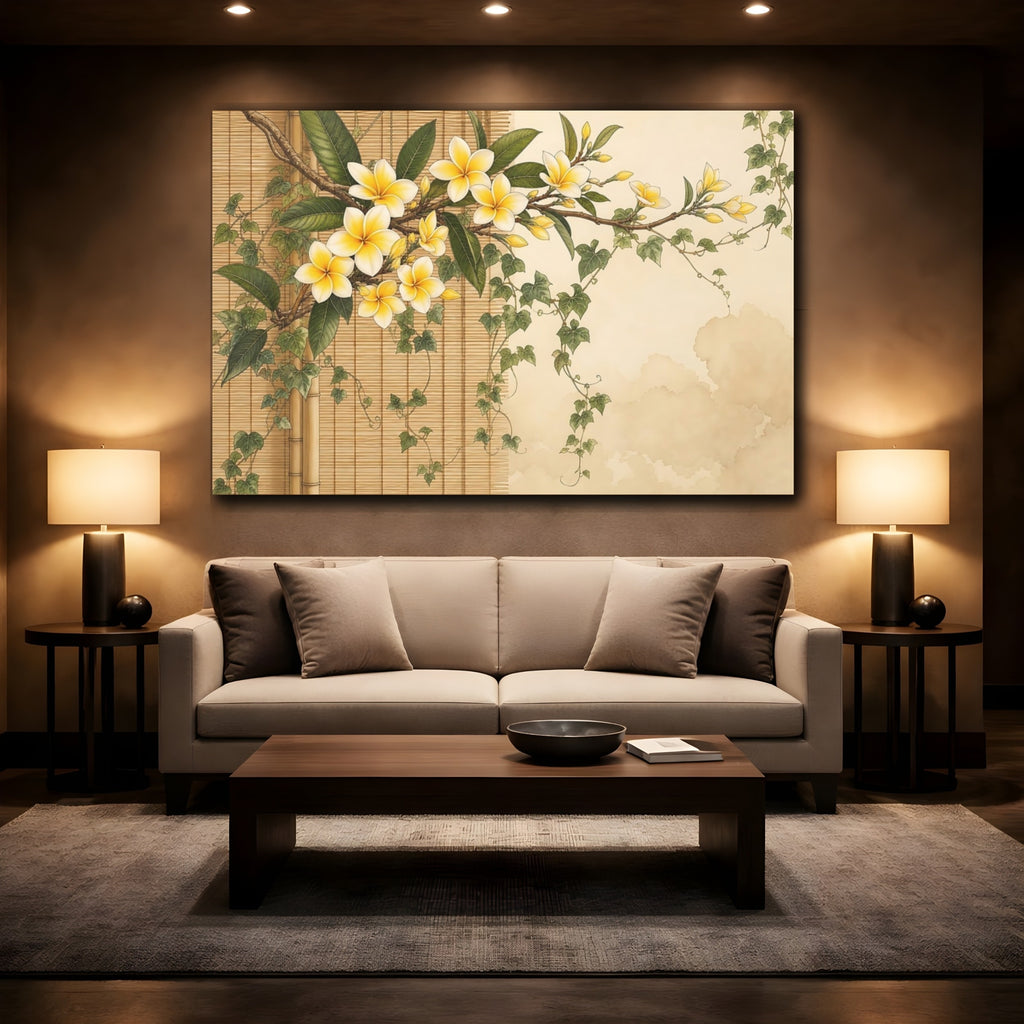 Mockup 2. Floral Plumeria Yellow Plumeria shown as stretched canvas wall art