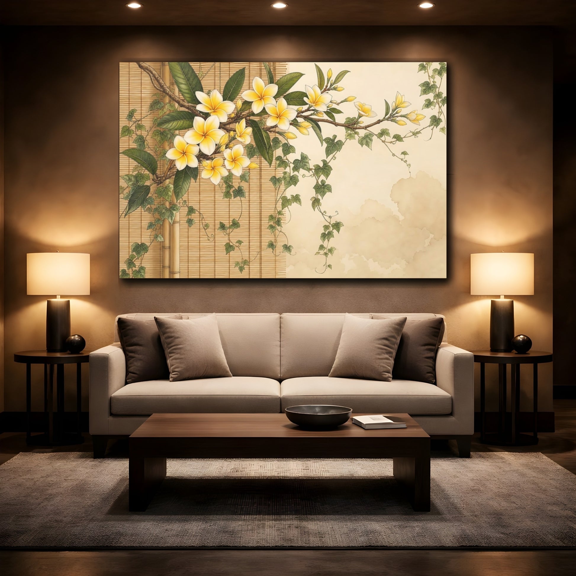 Mockup 2. Floral Plumeria Yellow Plumeria shown as stretched canvas wall art