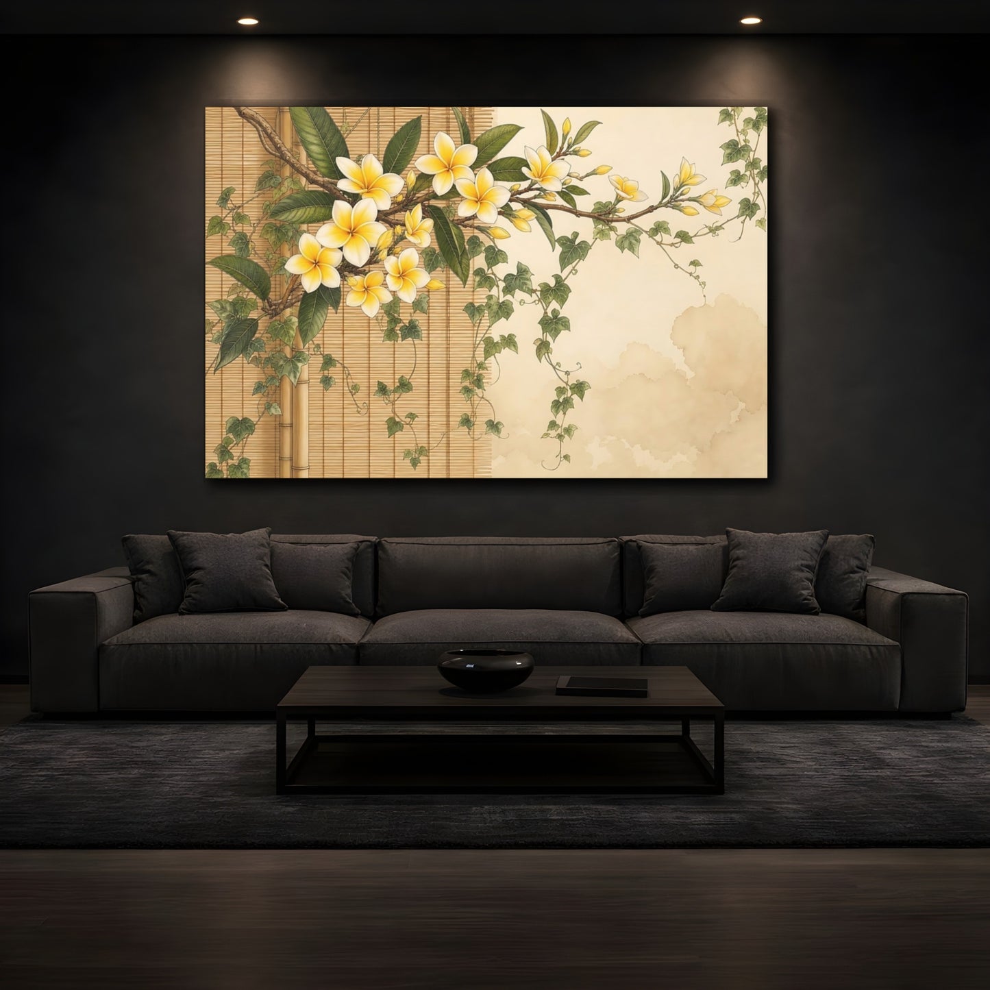 Mockup 3. Floral Plumeria Yellow Plumeria shown as stretched canvas wall art