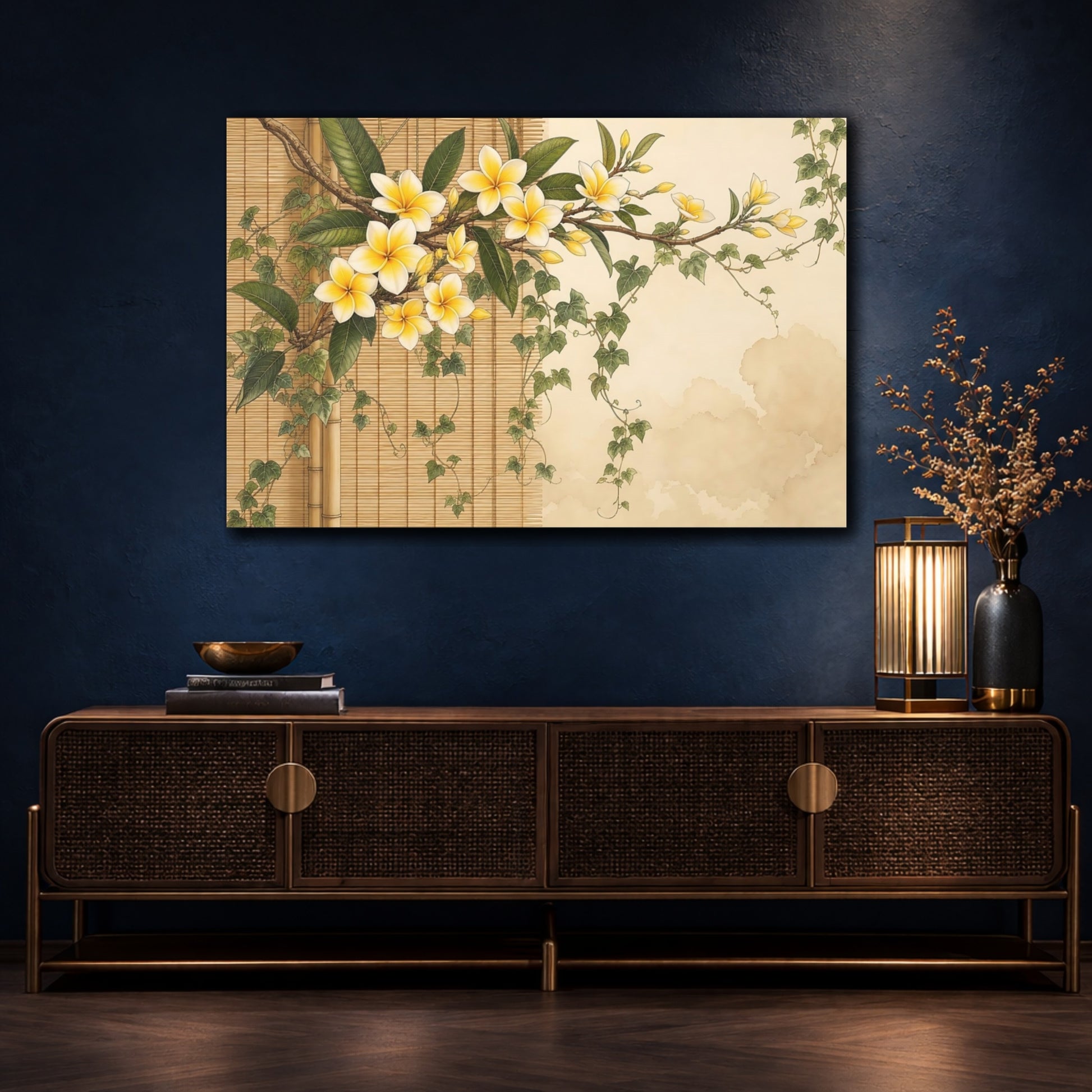 Mockup 4. Floral Plumeria Yellow Plumeria shown as stretched canvas wall art