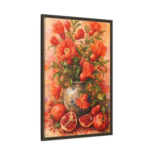 Main Mockup. Floral Pomegranate Floral Orange Pomegranate Floral shown as stretched canvas wall art