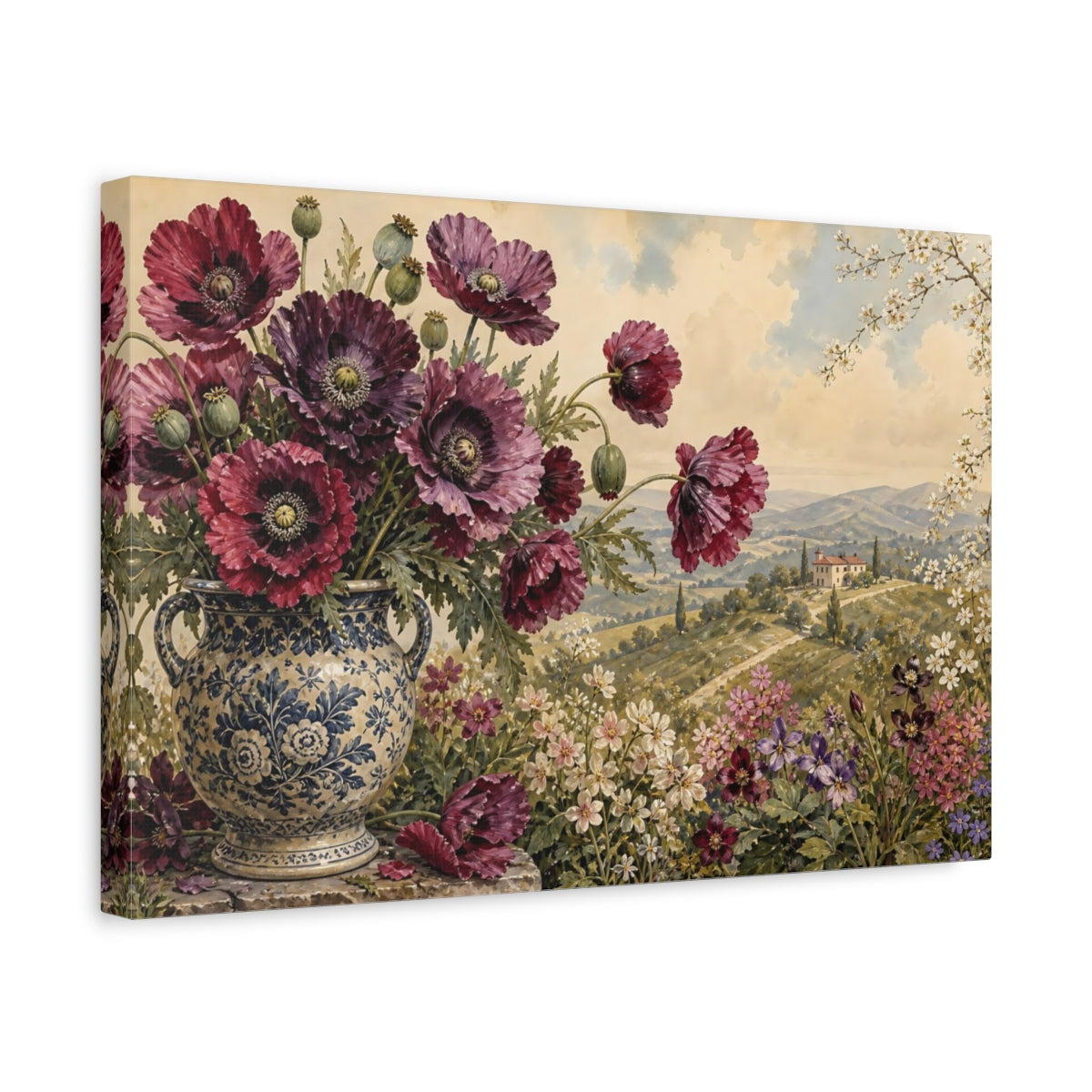 Side Mockup 4. Floral Poppies Burgundy Floral shown as stretched canvas wall art