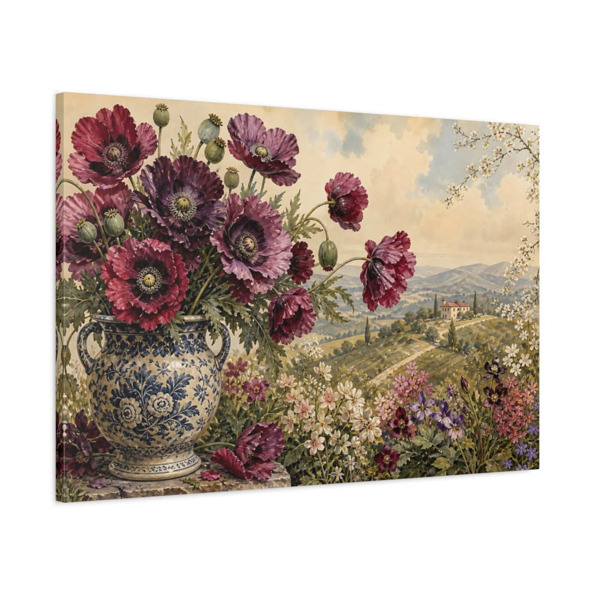 Main Mockup. Floral Poppies Burgundy Floral shown as stretched canvas wall art