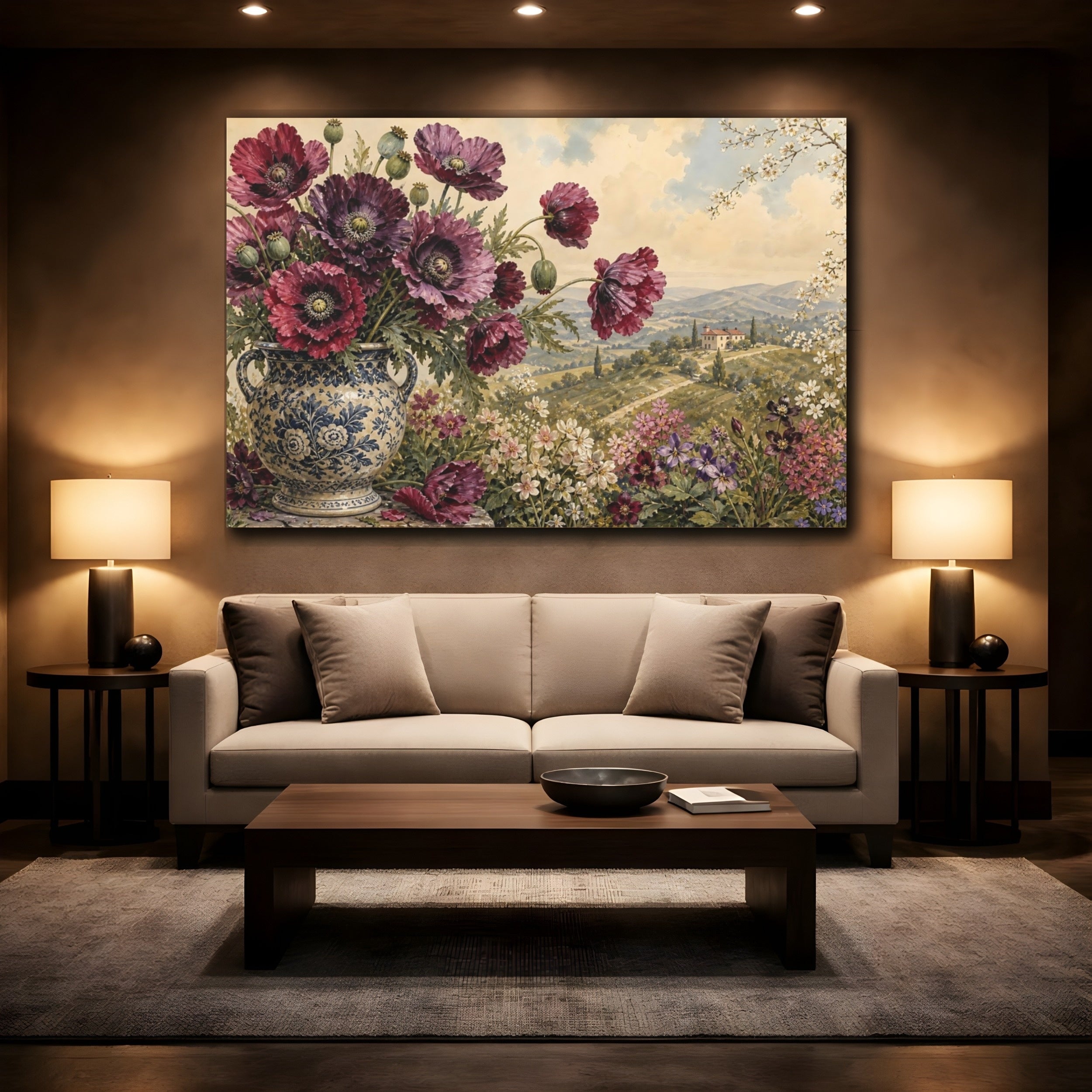 Mockup 2. Floral Poppies Burgundy Floral shown as stretched canvas wall art