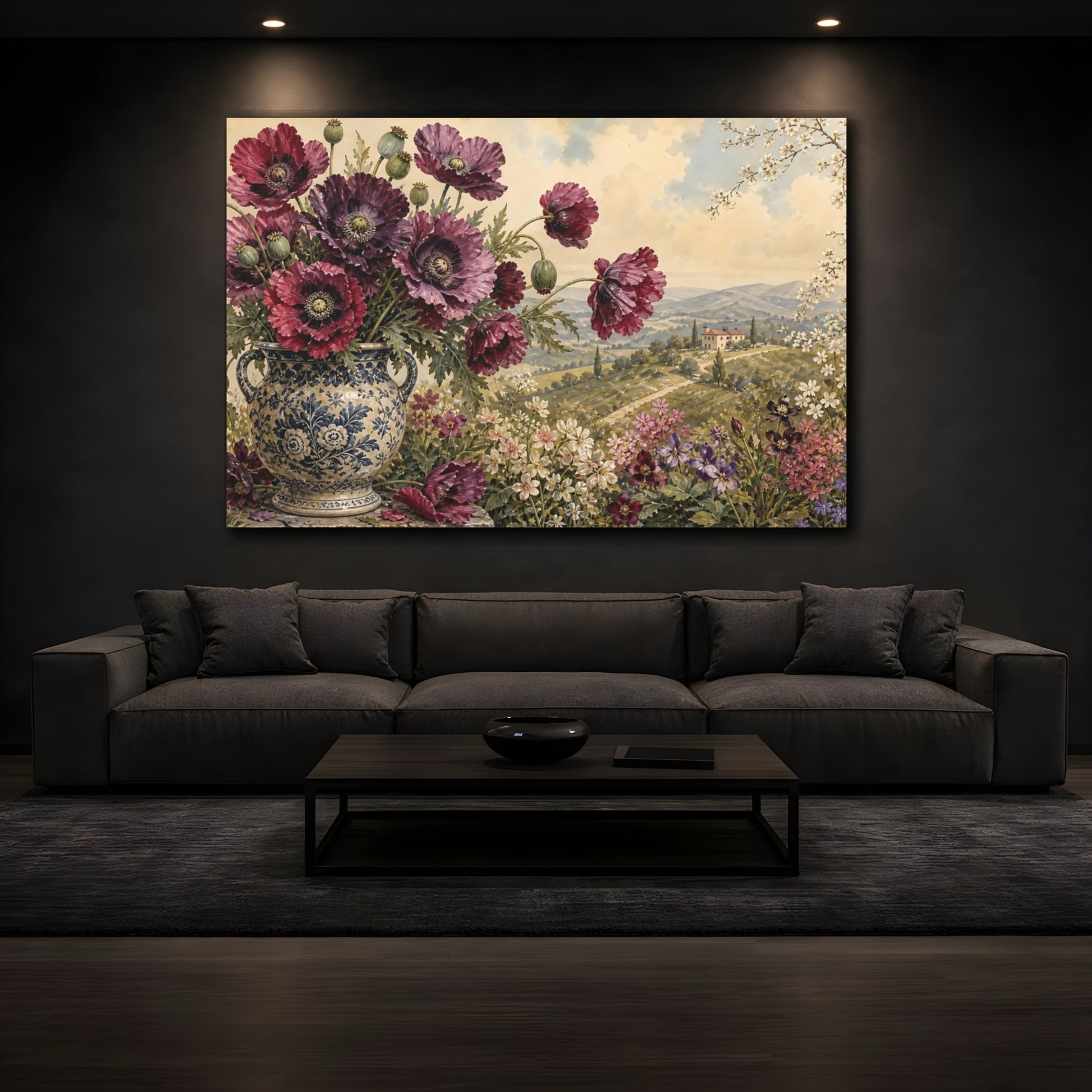 Mockup 3. Floral Poppies Burgundy Floral shown as stretched canvas wall art
