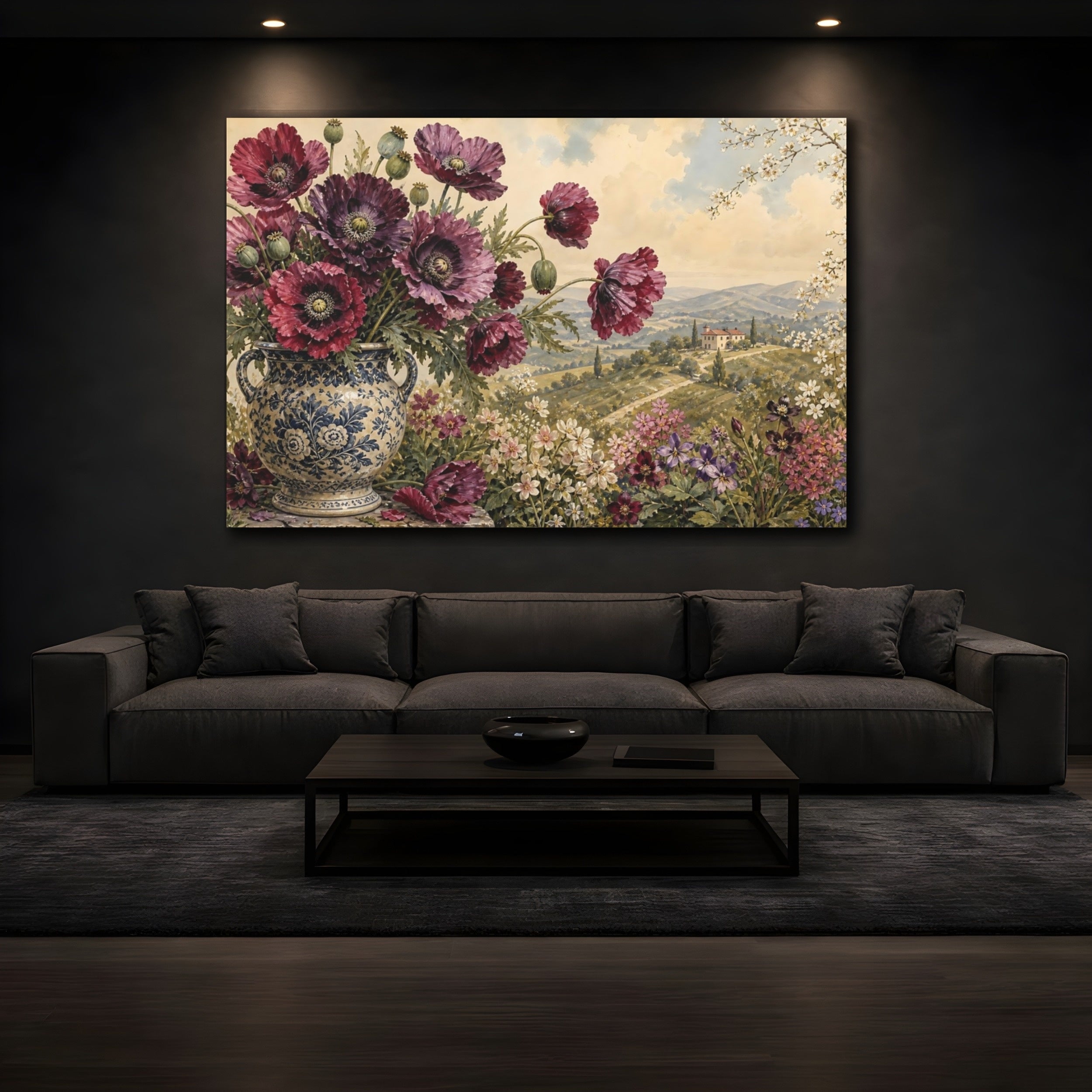 Mockup 3. Floral Poppies Burgundy Floral shown as stretched canvas wall art