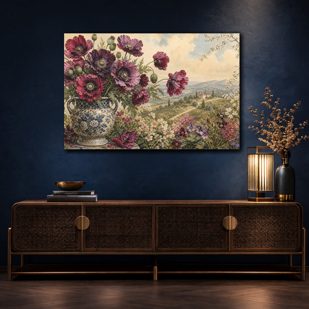 Mockup 4. Floral Poppies Burgundy Floral shown as stretched canvas wall art