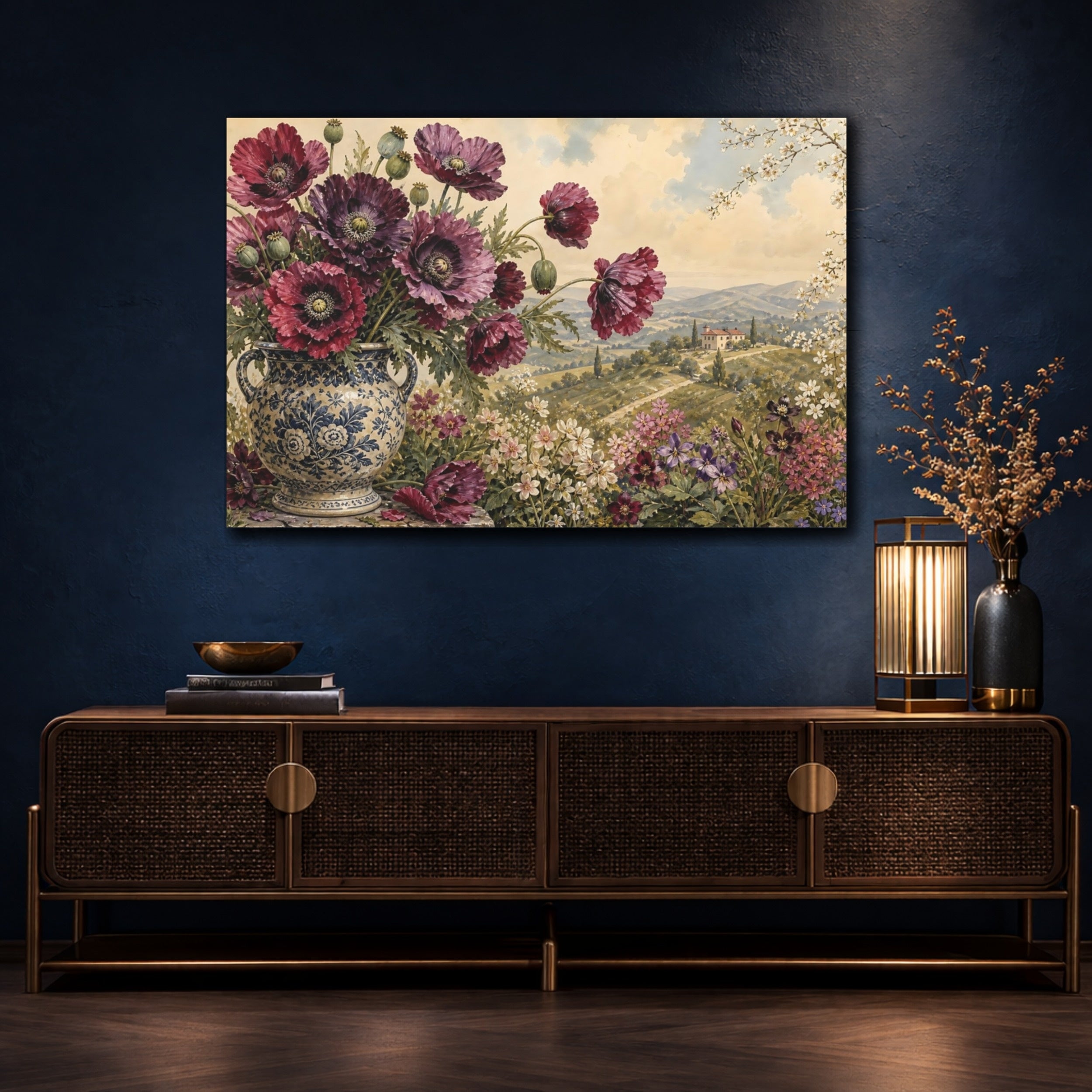 Mockup 4. Floral Poppies Burgundy Floral shown as stretched canvas wall art