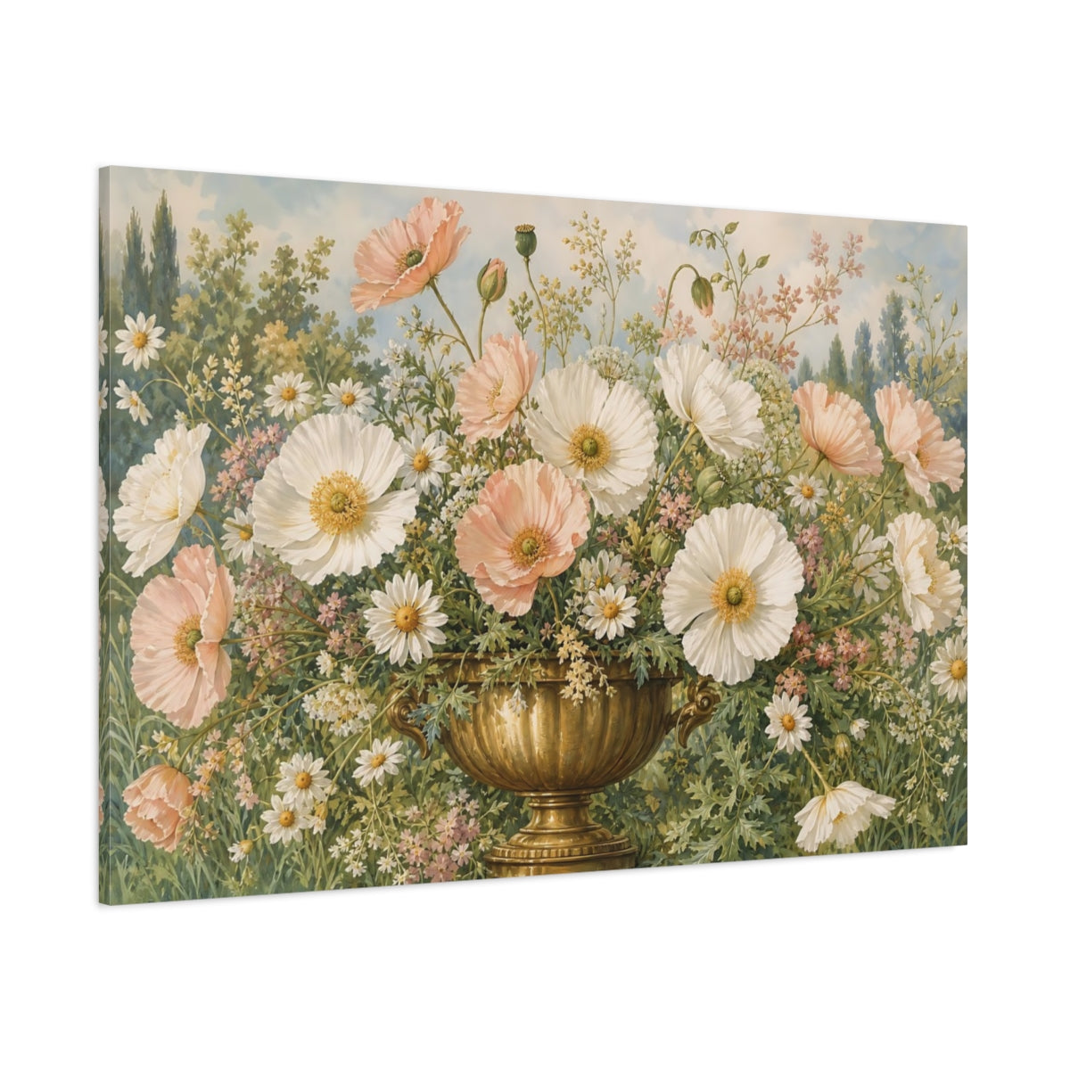 Side Mockup 1. Floral Poppies Daisies Pink And White Poppies shown as stretched canvas wall art