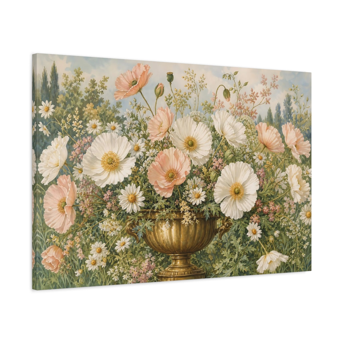Main Mockup. Floral Poppies Daisies Pink And White Poppies shown as stretched canvas wall art