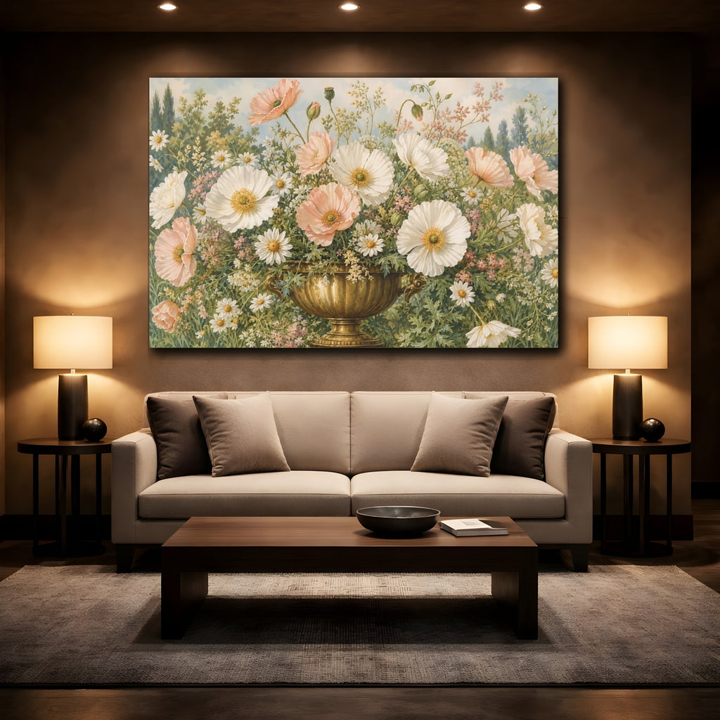 Mockup 2. Floral Poppies Daisies Pink And White Poppies shown as stretched canvas wall art