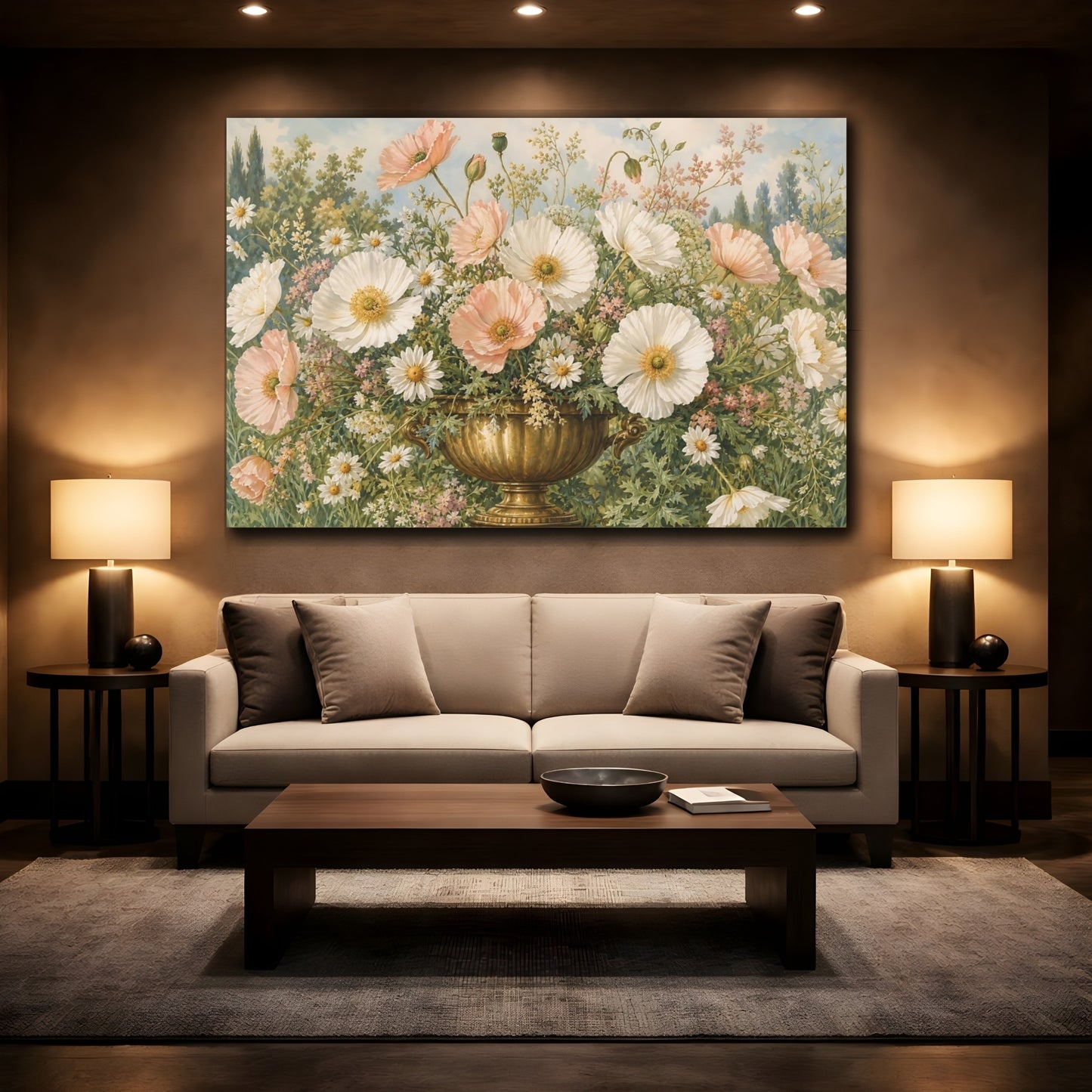 Mockup 2. Floral Poppies Daisies Pink And White Poppies shown as stretched canvas wall art