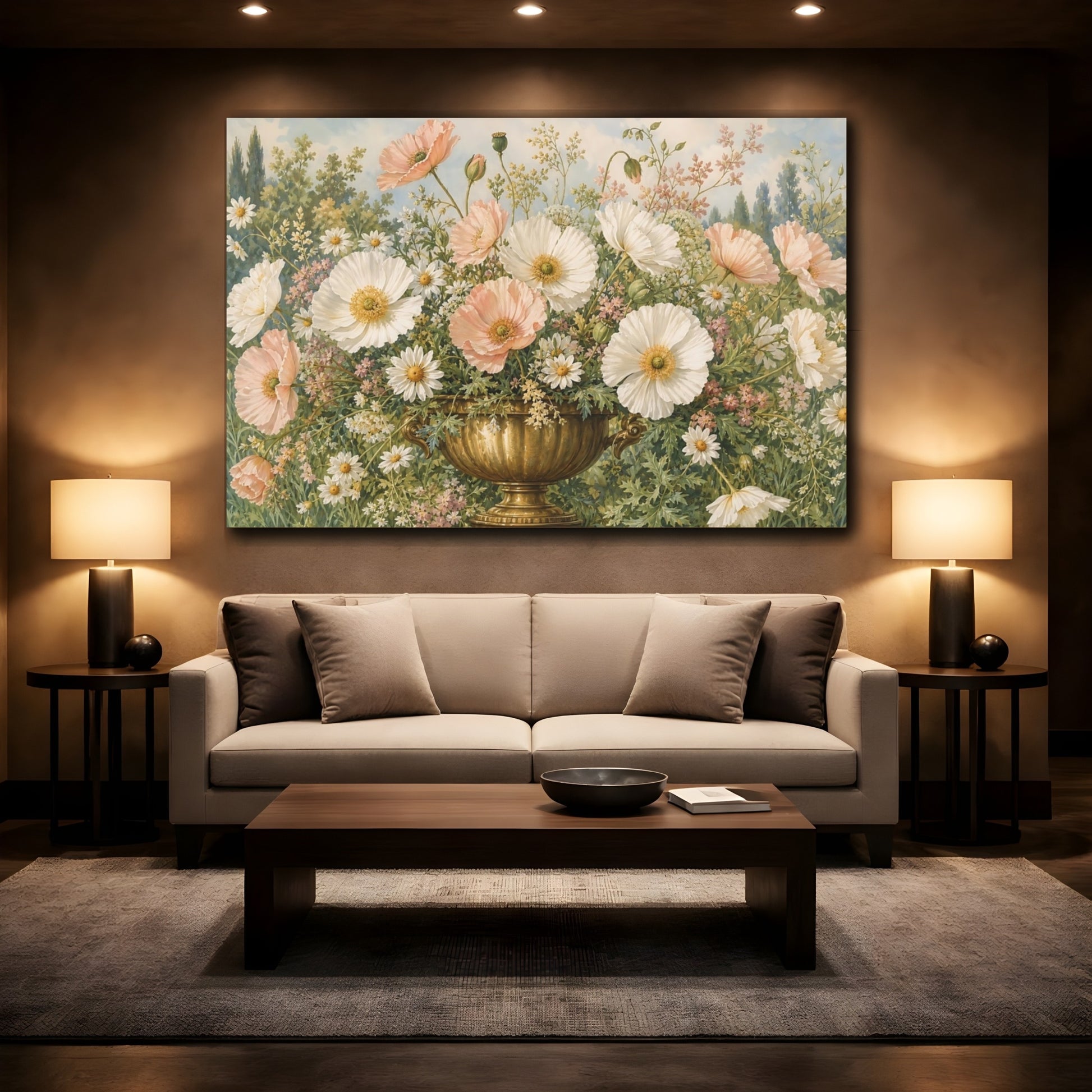 Mockup 2. Floral Poppies Daisies Pink And White Poppies shown as stretched canvas wall art