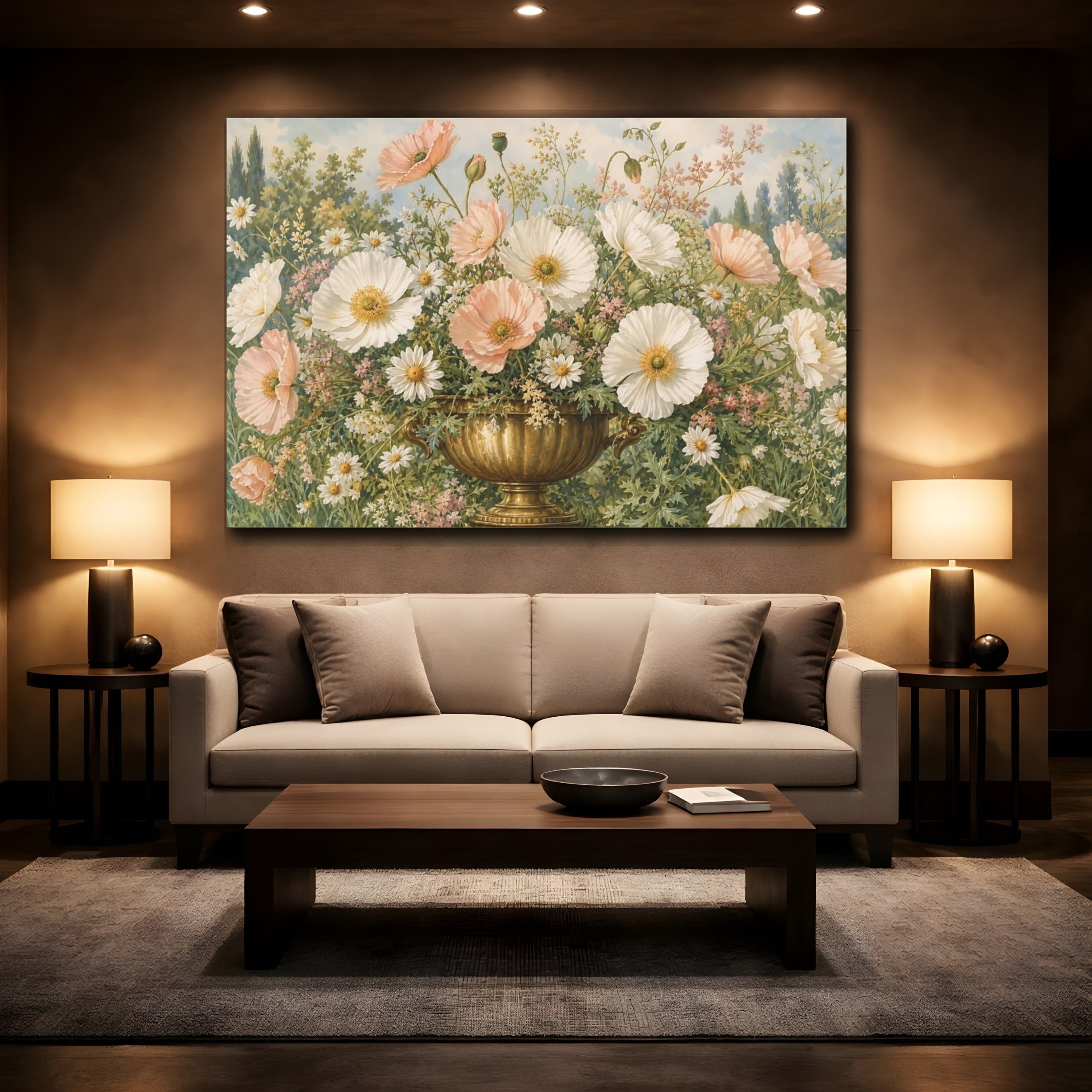 Mockup 2. Floral Poppies Daisies Pink And White Poppies shown as stretched canvas wall art