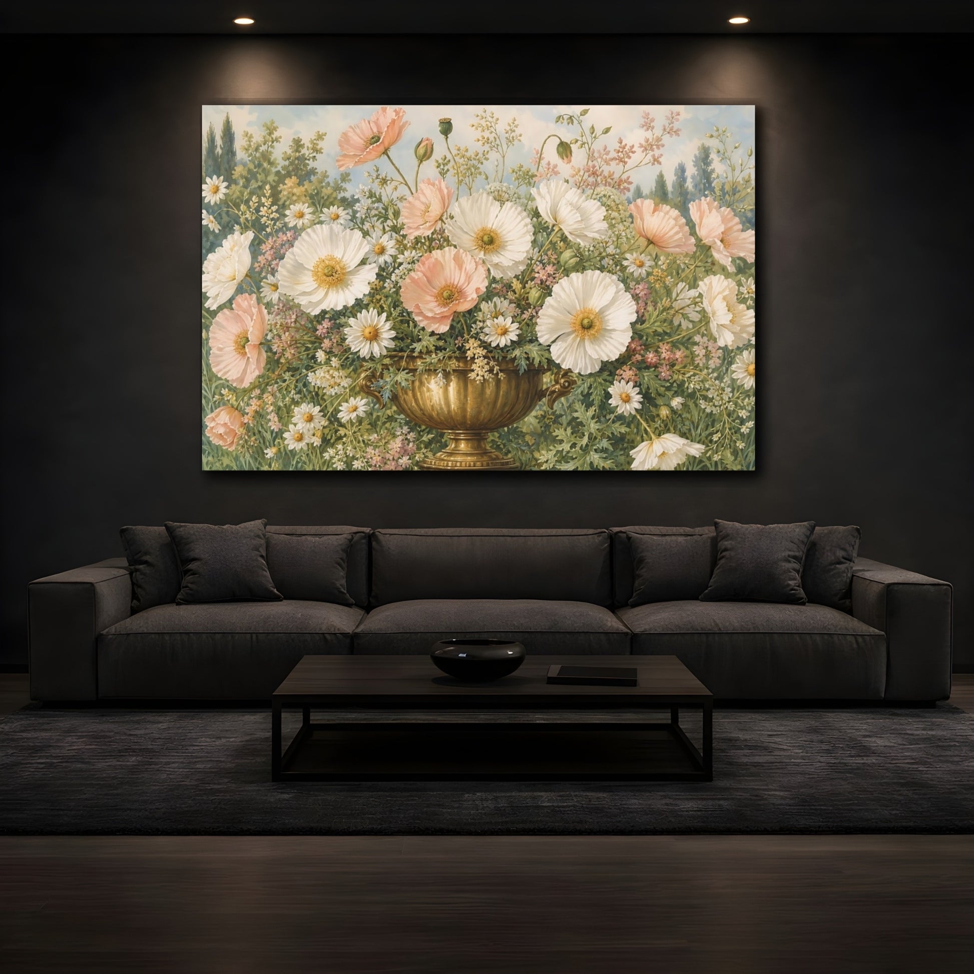 Mockup 3. Floral Poppies Daisies Pink And White Poppies shown as stretched canvas wall art
