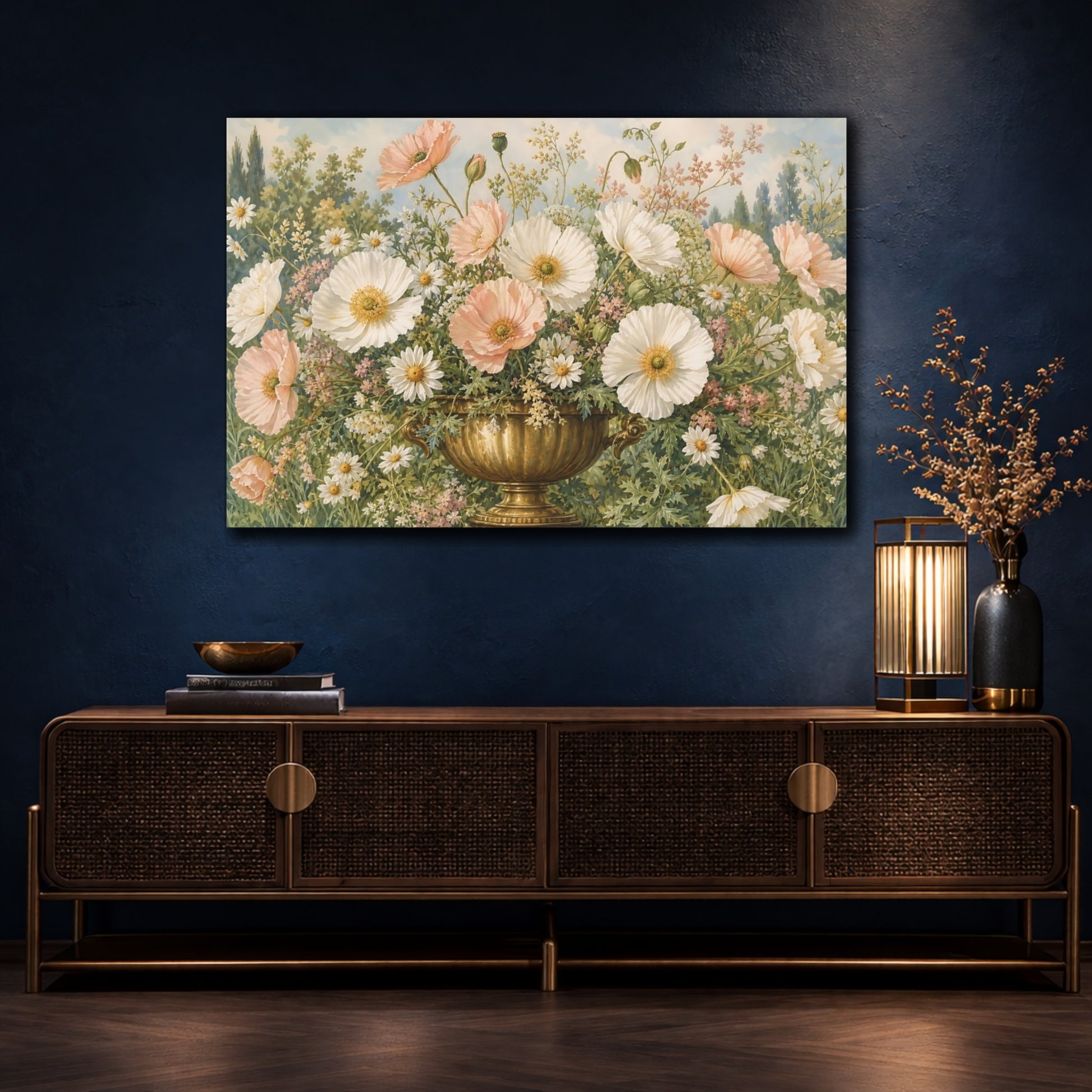 Mockup 4. Floral Poppies Daisies Pink And White Poppies shown as stretched canvas wall art