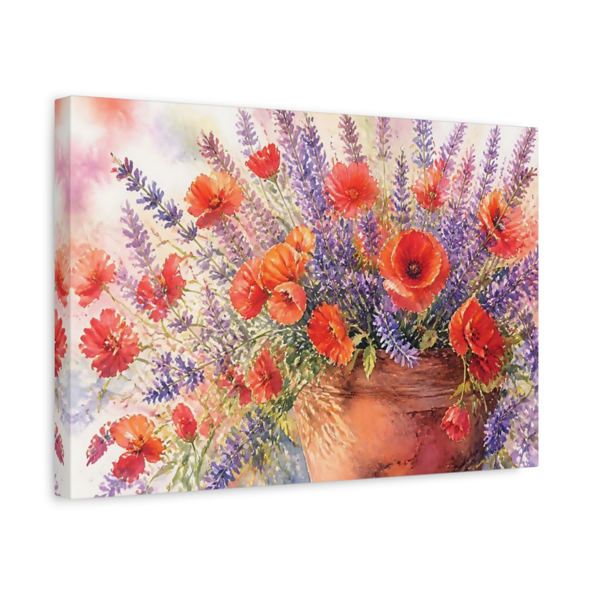Side Mockup 4. Floral Poppies Lavender Poppy Lavender Bouquet shown as stretched canvas wall art