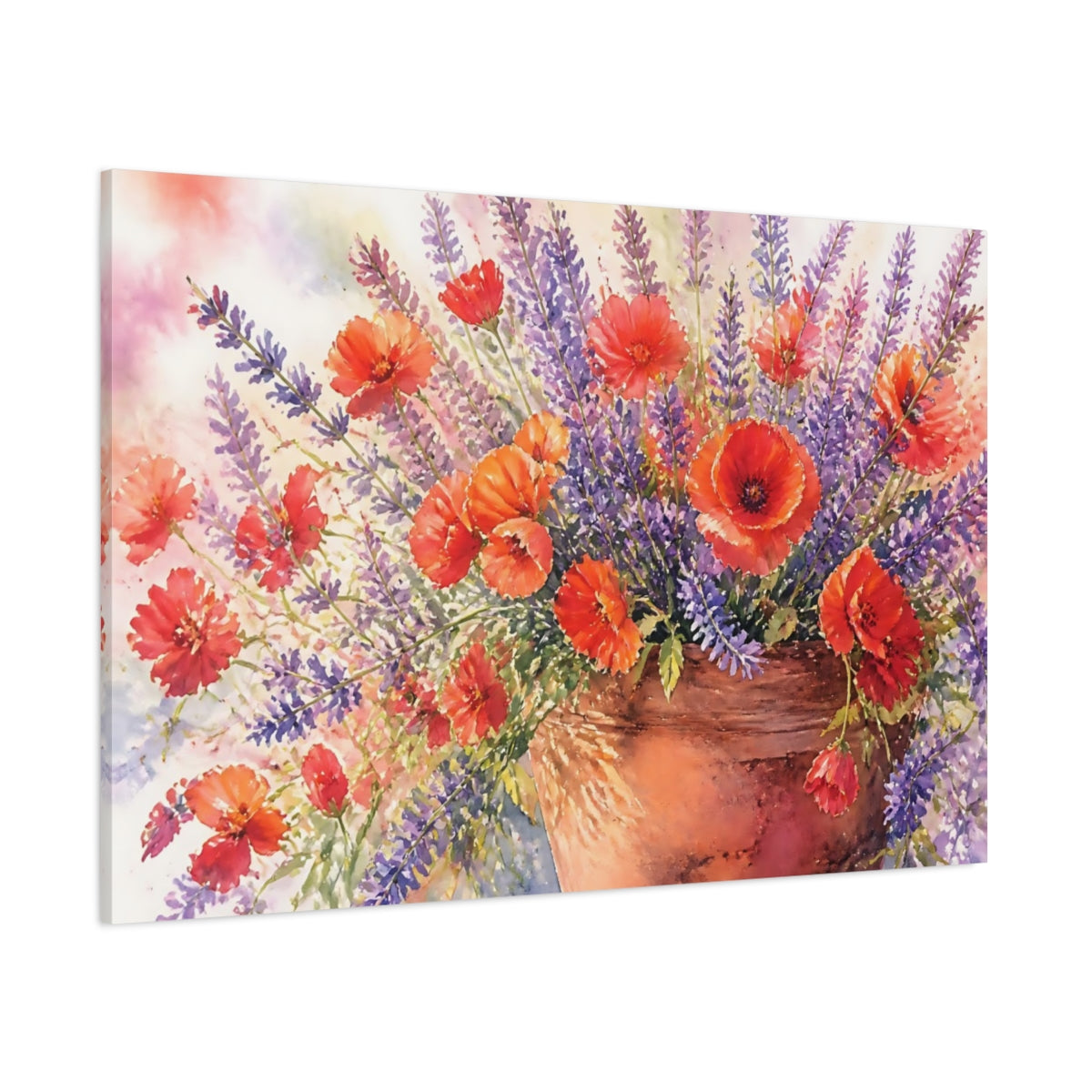 Side Mockup 1. Floral Poppies Lavender Poppy Lavender Bouquet shown as stretched canvas wall art