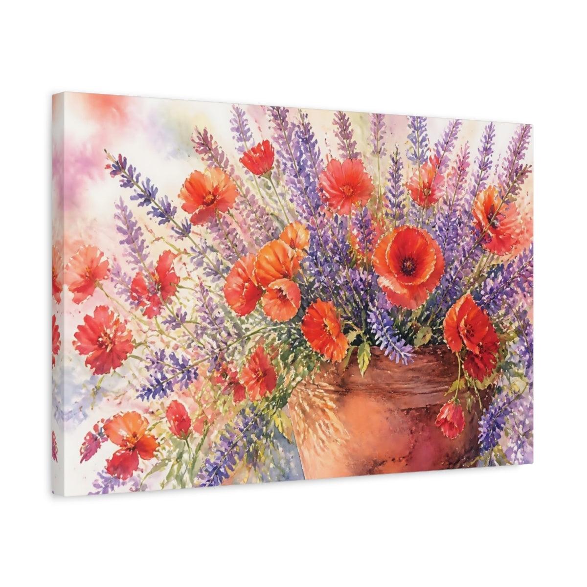 Side Mockup 3. Floral Poppies Lavender Poppy Lavender Bouquet shown as stretched canvas wall art