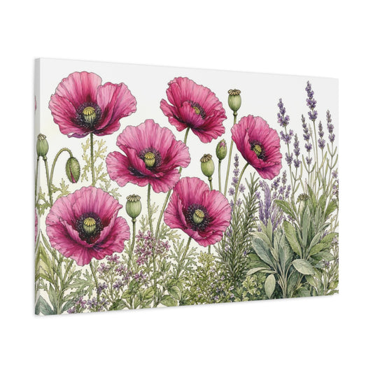 Main Mockup. Floral Poppies Lavender Pink And Purple shown as stretched canvas wall art