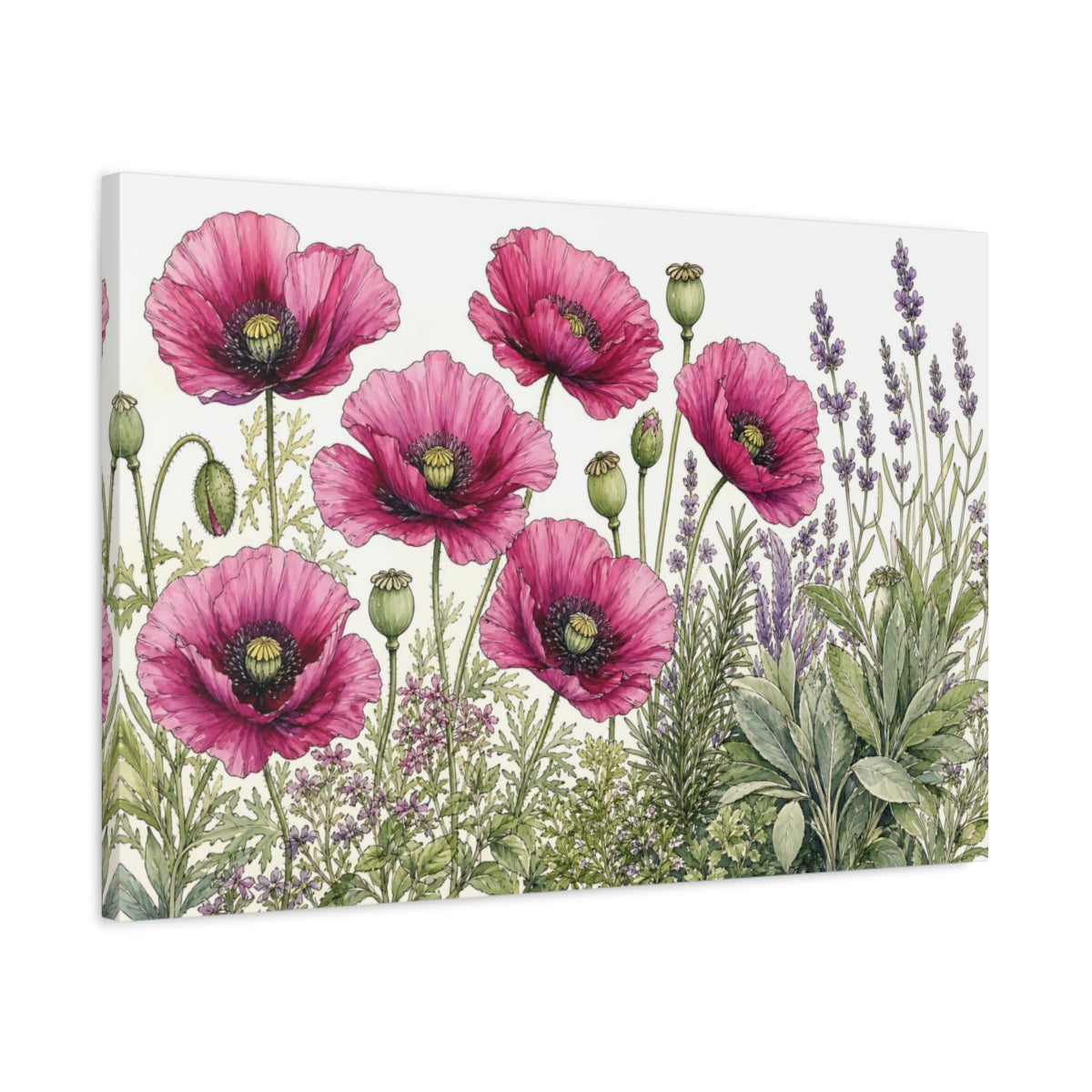 Side Mockup 2. Floral Poppies Lavender Pink And Purple shown as stretched canvas wall art