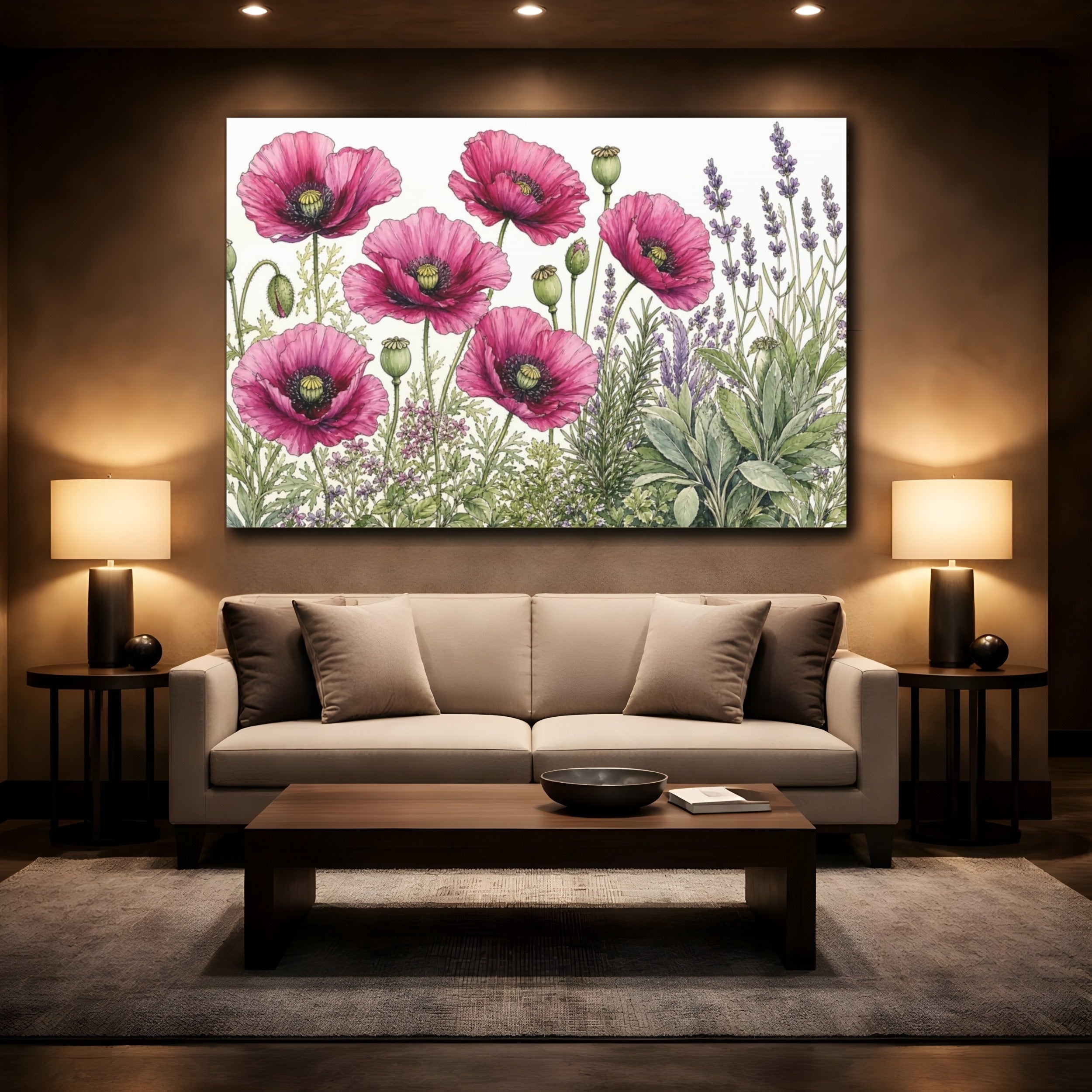 Mockup 2. Floral Poppies Lavender Pink And Purple shown as stretched canvas wall art