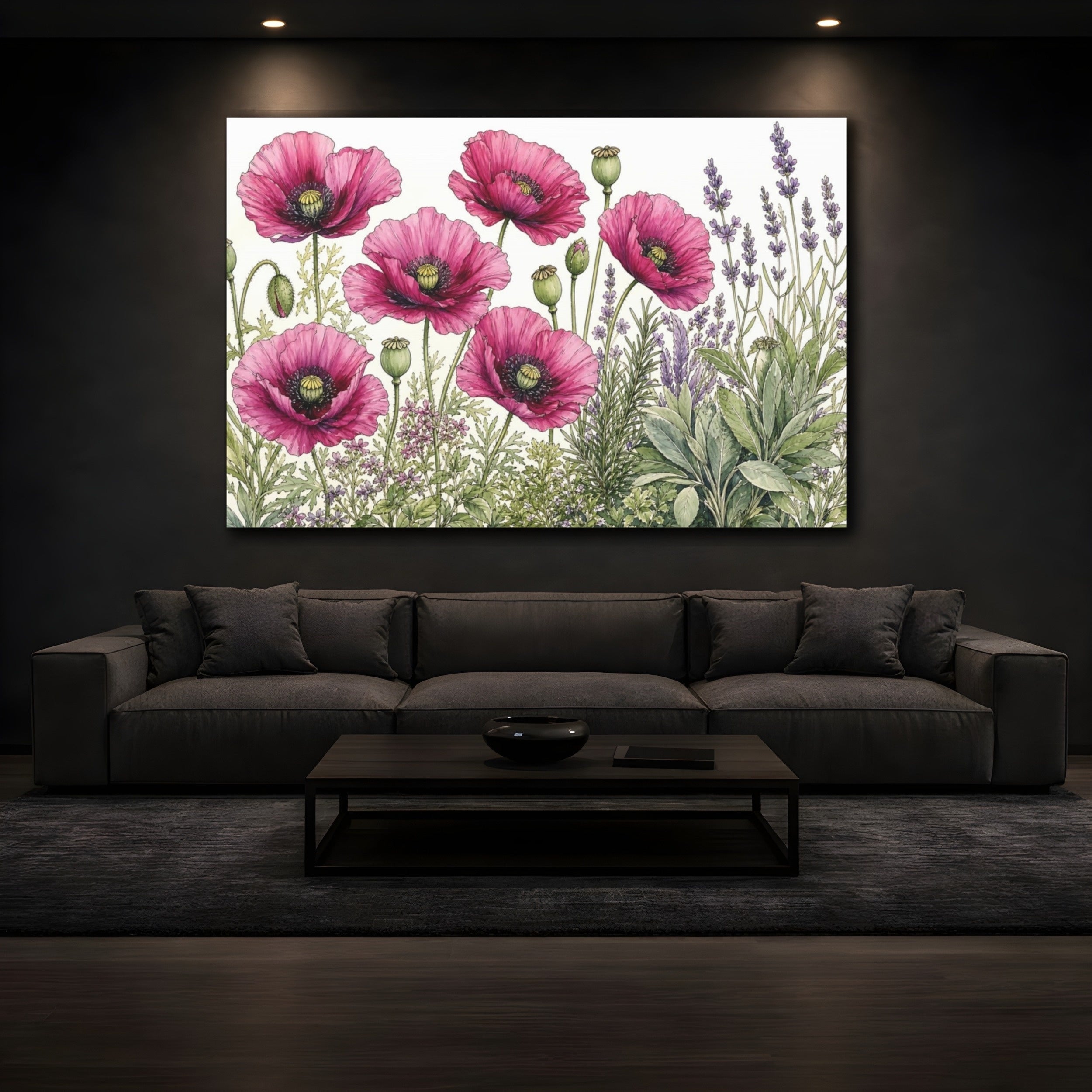 Mockup 3. Floral Poppies Lavender Pink And Purple shown as stretched canvas wall art